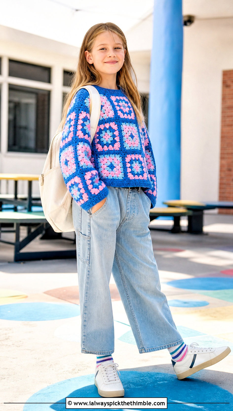 Granny Square Crochet Pullover With Wide Leg Jeans - 15 Crochet Childs Sweater outfit ideas
