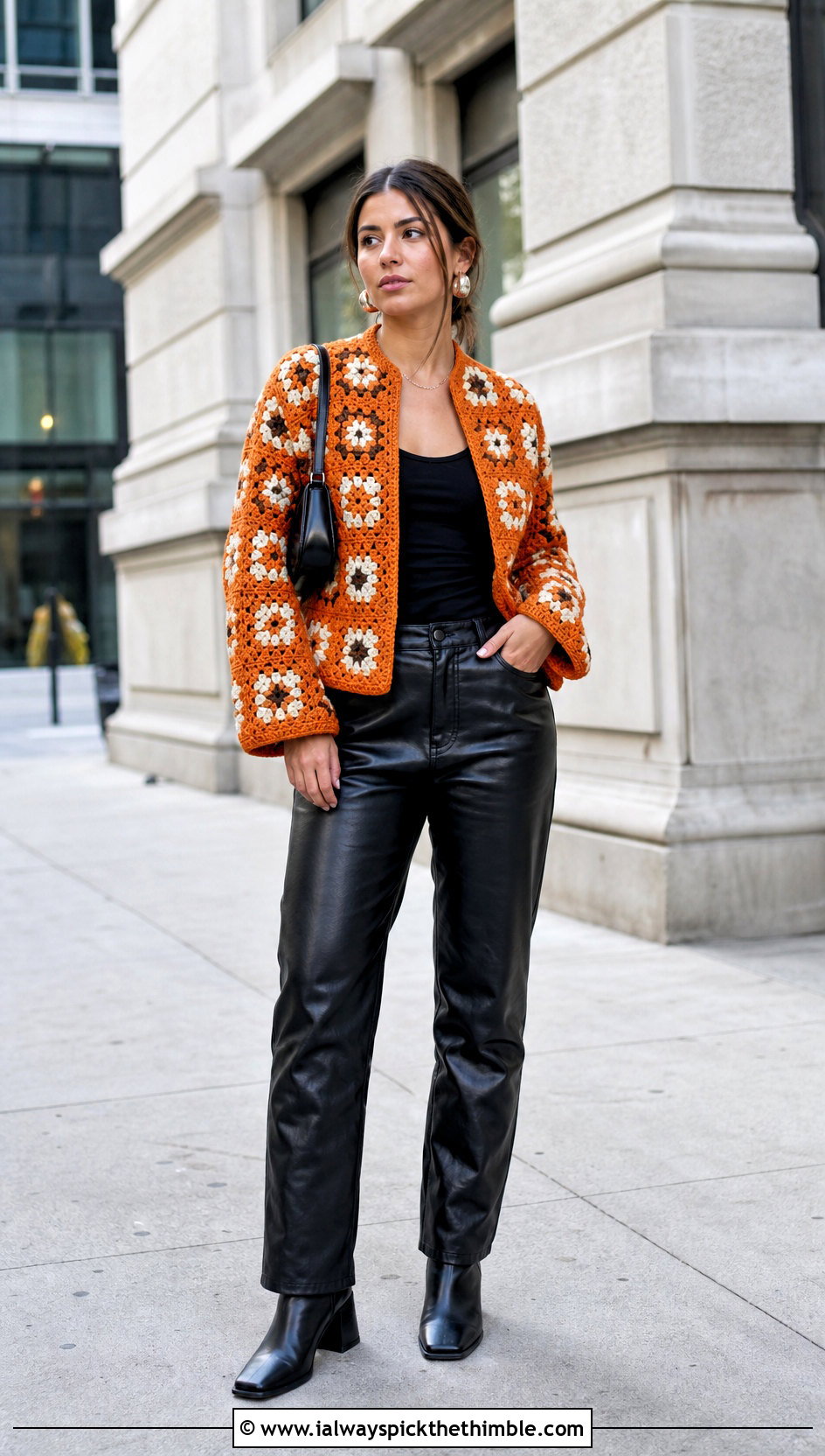Granny Square Crochet Raglan Jacket With Leather Pants - 15 crochet raglan jacket outfit ideas