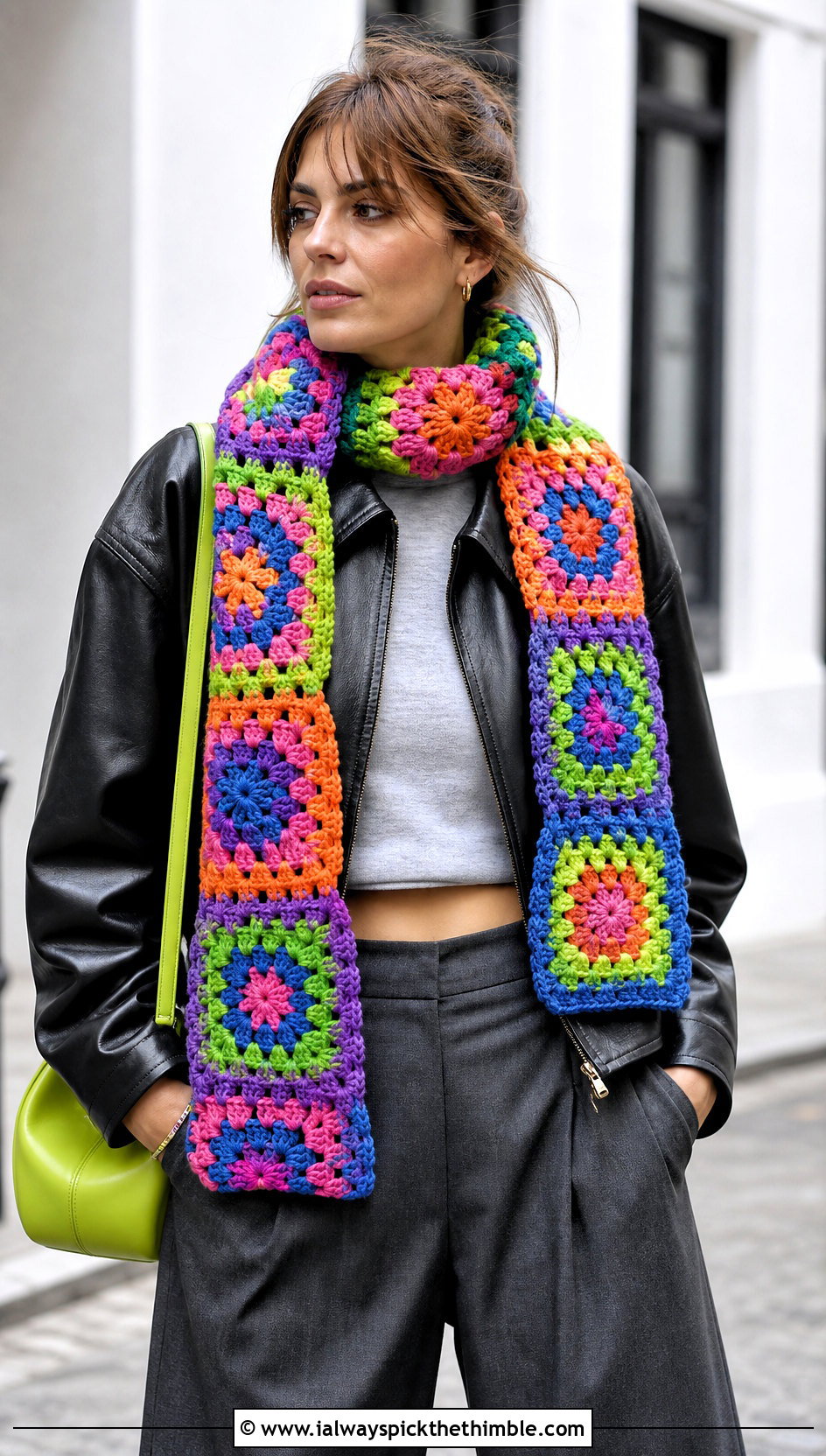 Granny Square Crochet Rainbow Scarf With Leather Jacket And Trousers - 15 Crochet Rainbow Scarf outfit ideas