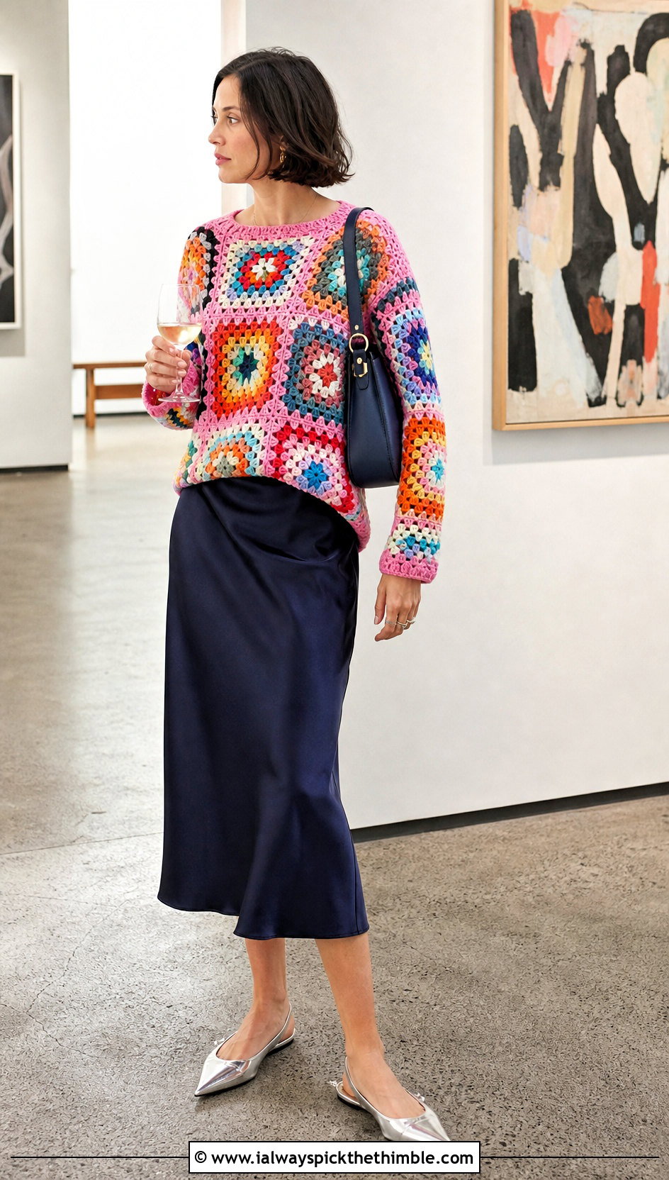 Granny Square Crochet Rainbow Sweater With Satin Midi Skirt - 20 Crochet Rainbow Sweater outfit ideas