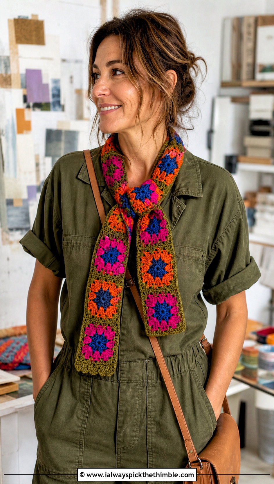 Granny Square Crochet Ribbon Scarf With Utility Jumpsuit - 15 Crochet Ribbon Scarf outfit ideas