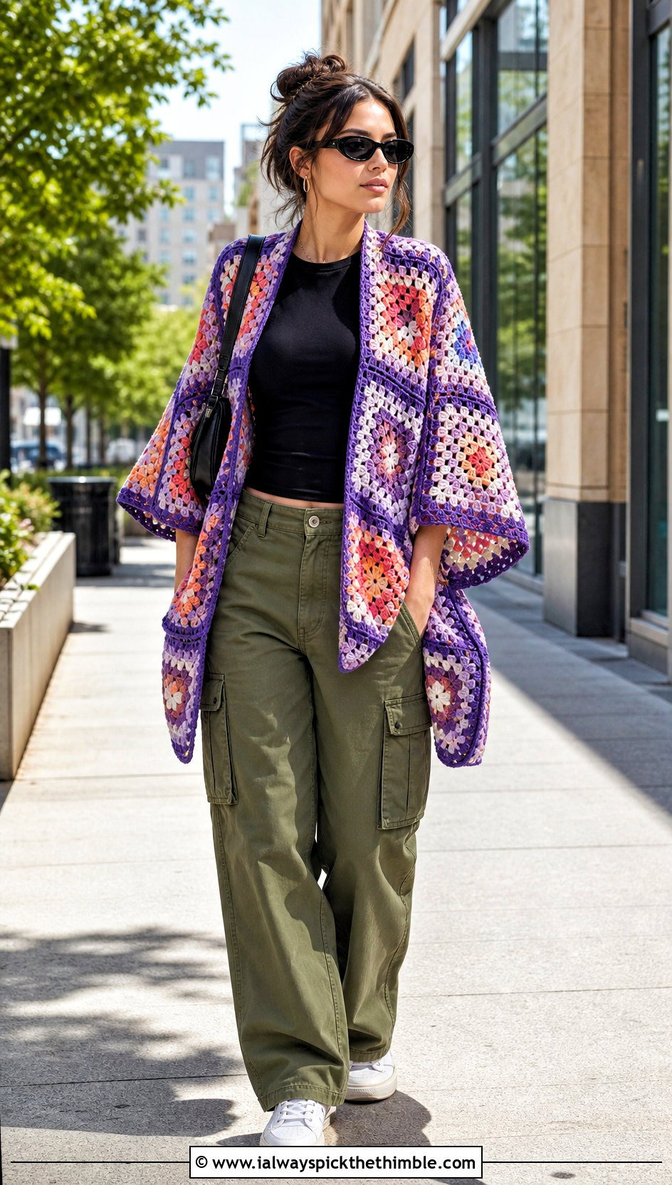 Granny Square Crochet Ruana With Cargo Pants - 15 easy crochet ruana outfit ideas