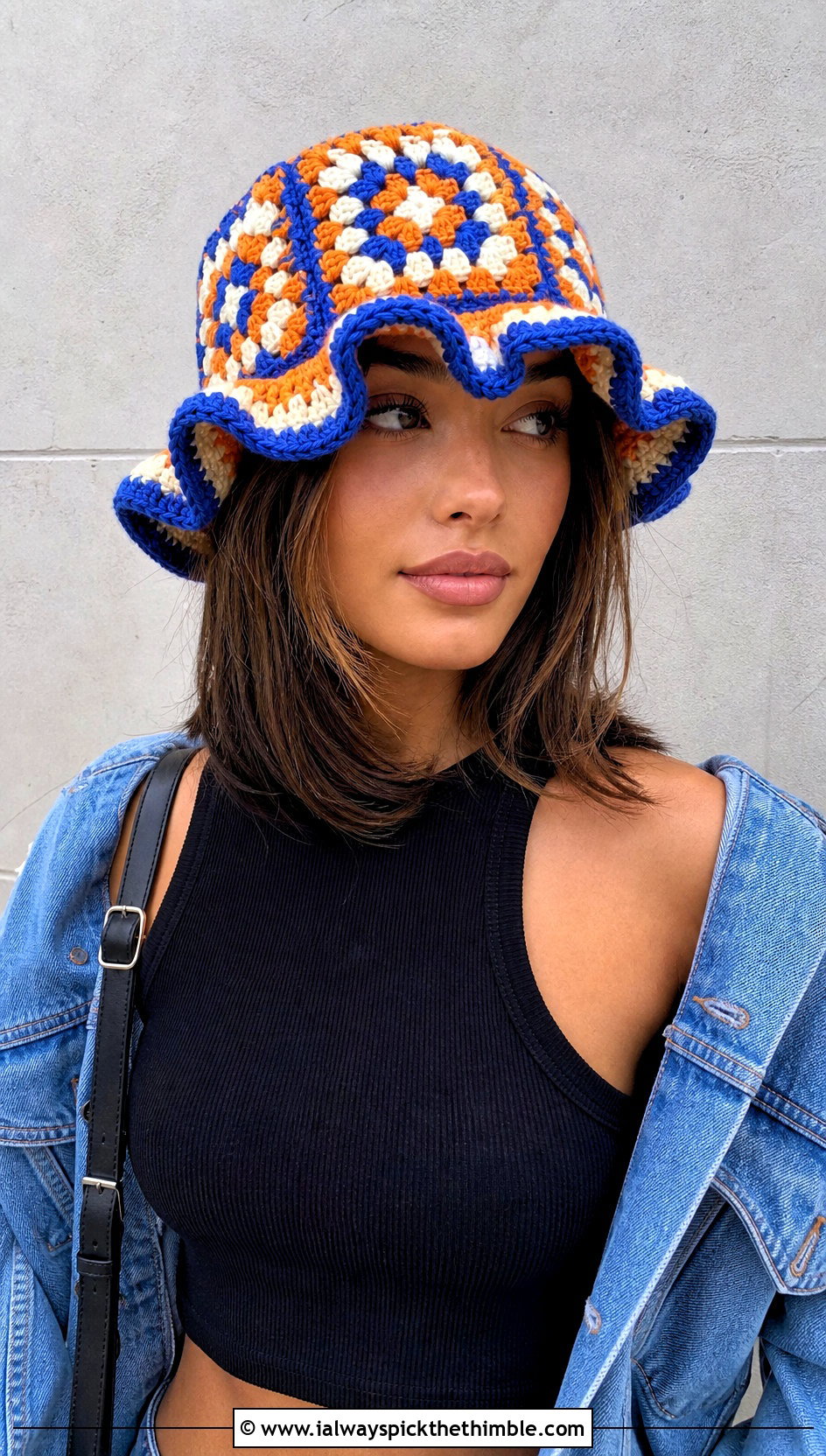 Granny Square Crochet Ruffle Bucket Hat With Denim Jacket - 25 crochet ruffle bucket hat outfit ideas