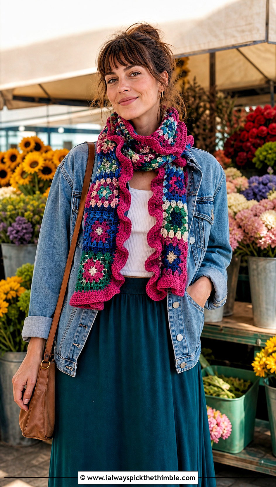 Granny Square Crochet Ruffle Scarf With Denim Jacket And Maxi Skirt - 20 crochet ruffle scarf outfit ideas