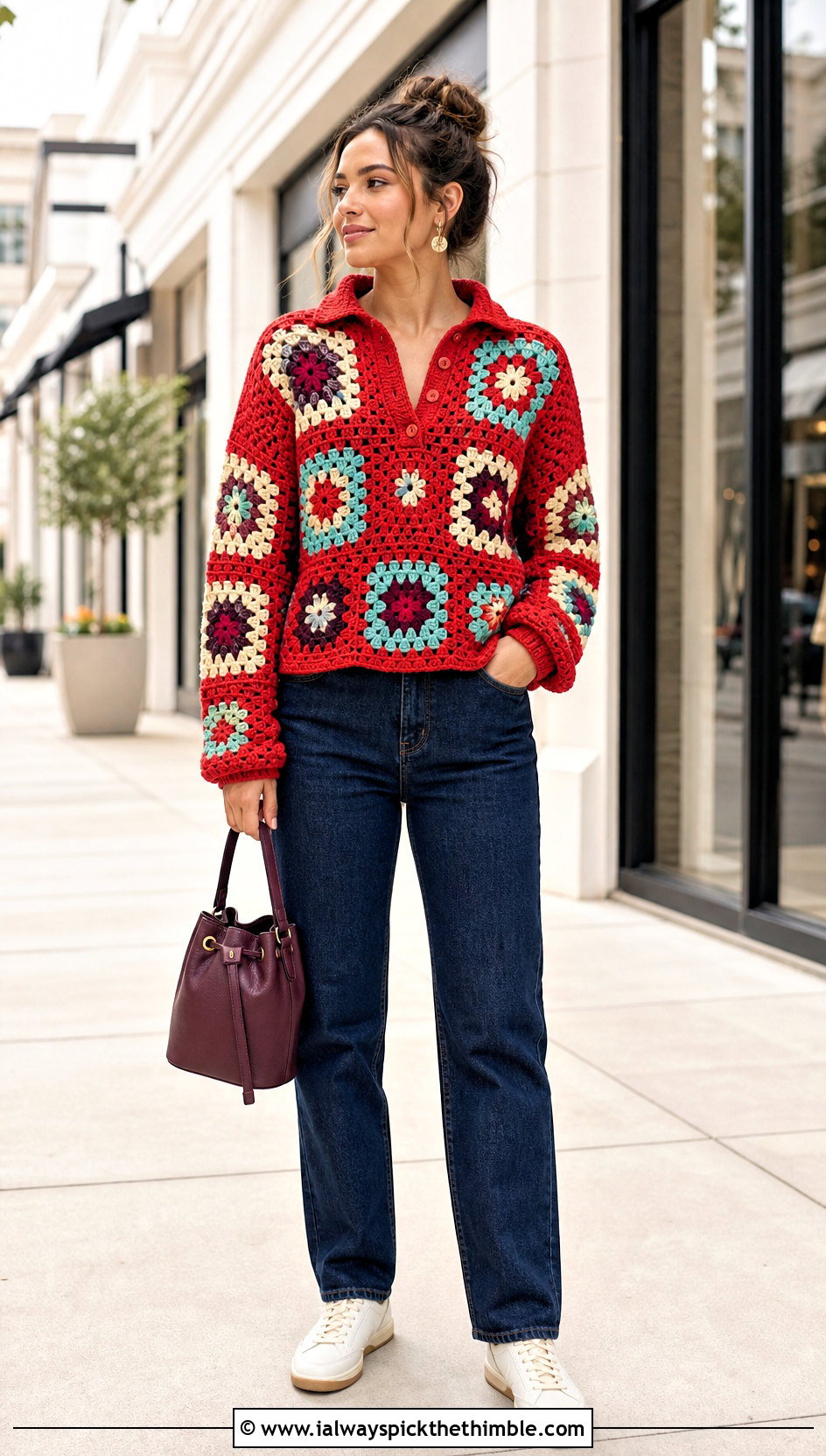 Granny Square Crochet Rugby Shirt With Straight Jeans - 20 Crochet Rugby Shirt outfit ideas