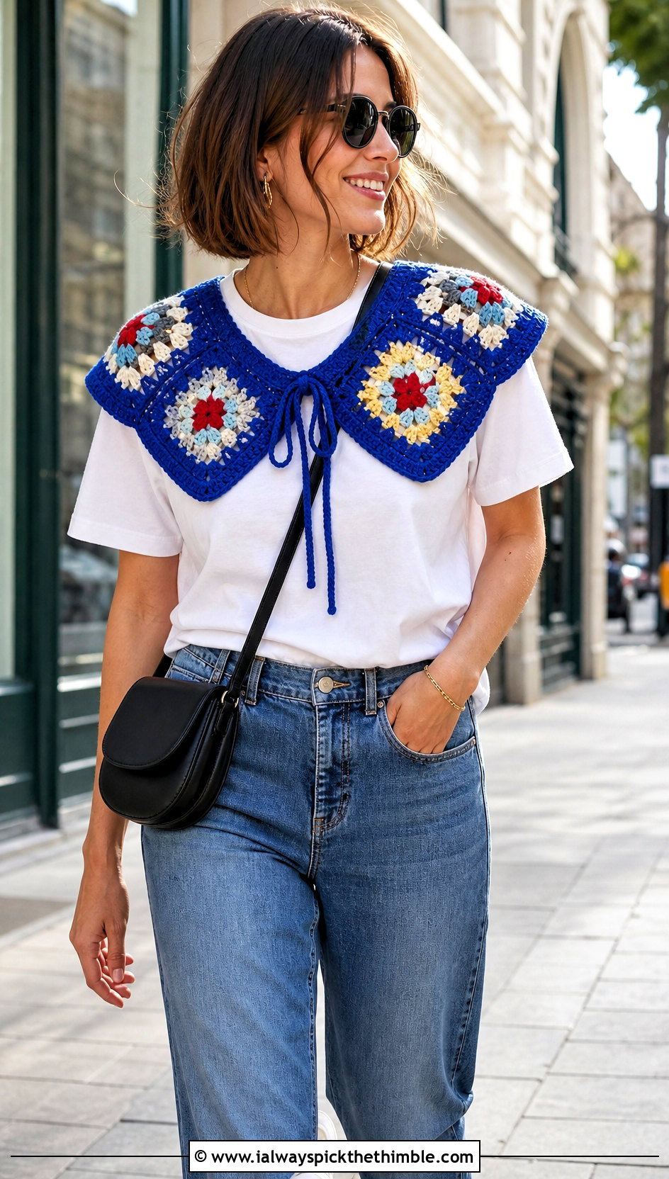 Granny Square Crochet Sailor Collar With T Shirt And Jeans - 20 crochet sailor collar outfit ideas