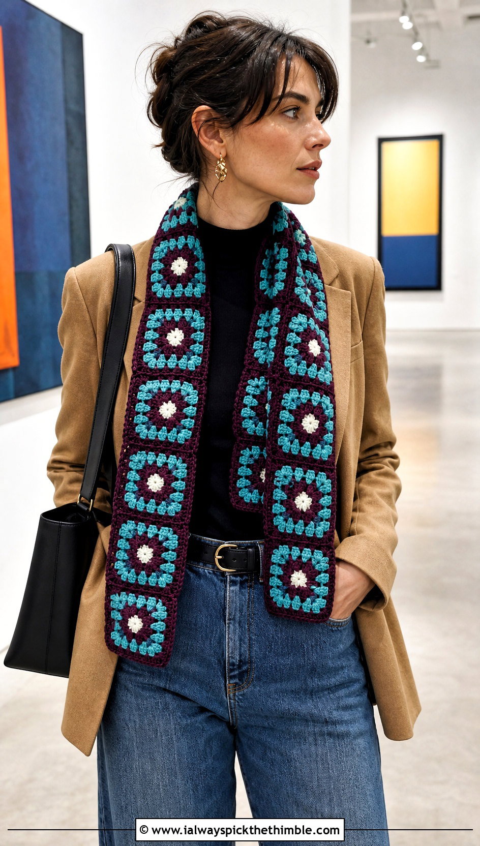Granny Square Crochet Sally Scarf With Blazer And Barrel Jeans - 20 Crochet Sally Scarf outfit ideas