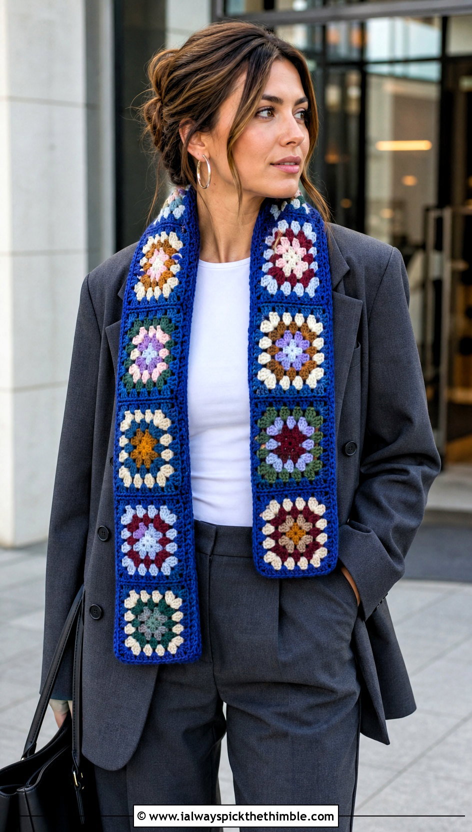 Granny Square Crochet Scarf With Blazer And Trousers - 20 Elegant Crochet Scarf outfit ideas