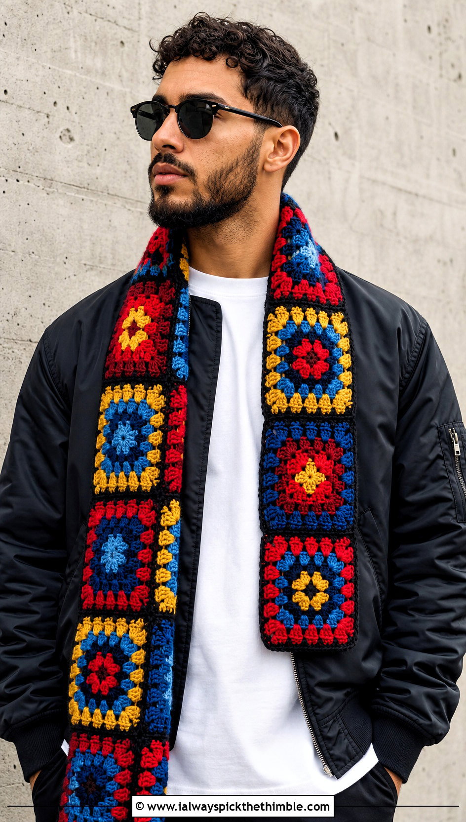 Granny Square Crochet Scarf With Bomber Jacket - 25 crochet scarf for men outfit ideas
