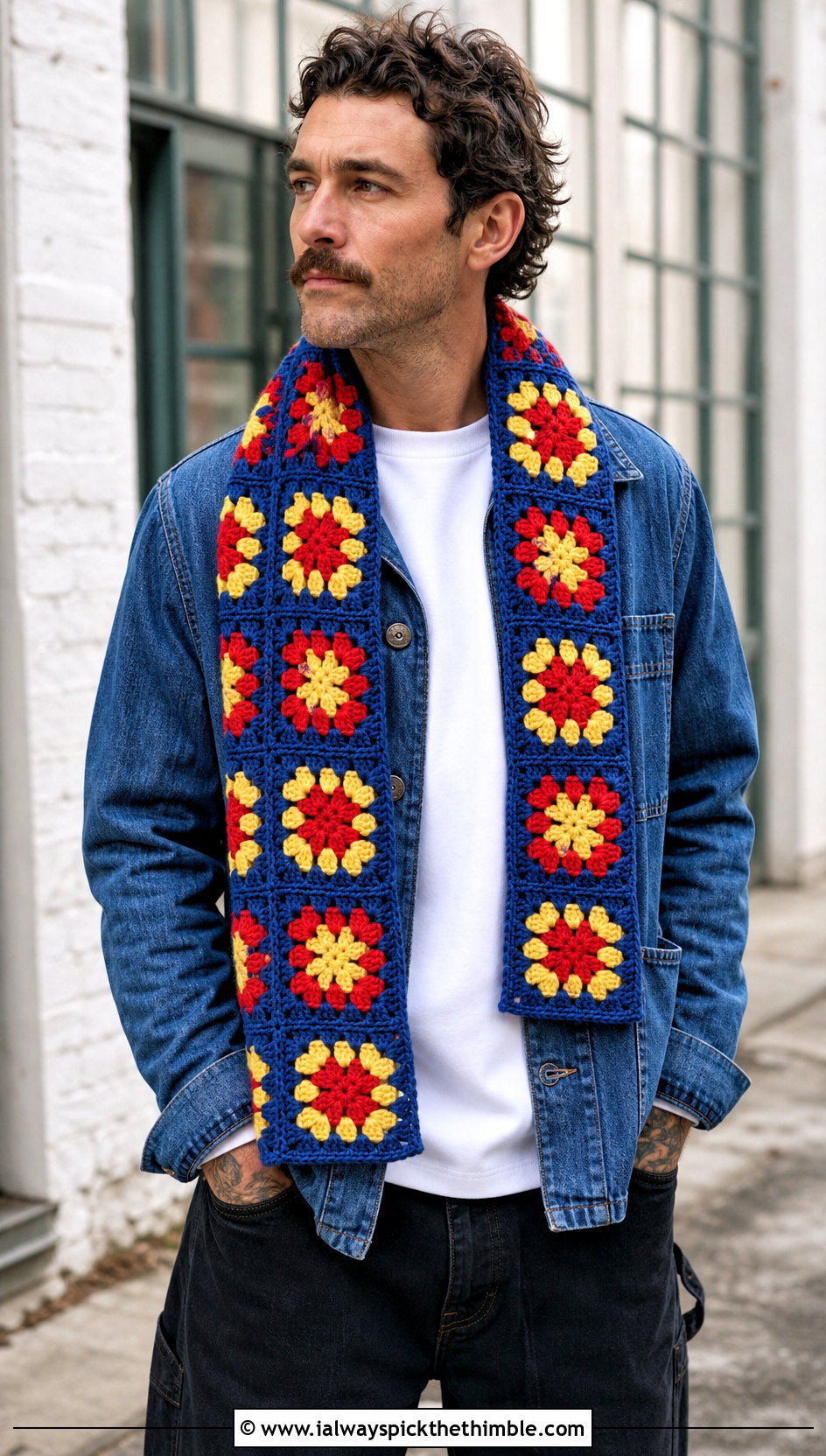 Granny Square Crochet Scarf With Denim Chore Jacket - 20 men's crocheted scarf outfit ideas
