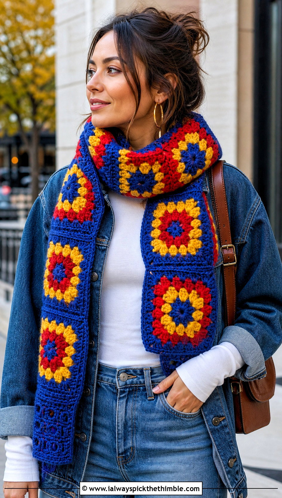 Granny Square Crochet Scarf With Denim Jacket - 15 Crochet Fall Scarf outfit ideas