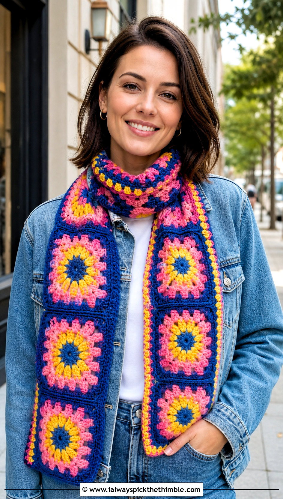 Granny Square Crochet Scarf With Denim Jacket - 20 Crochet Fun Scarf outfit ideas
