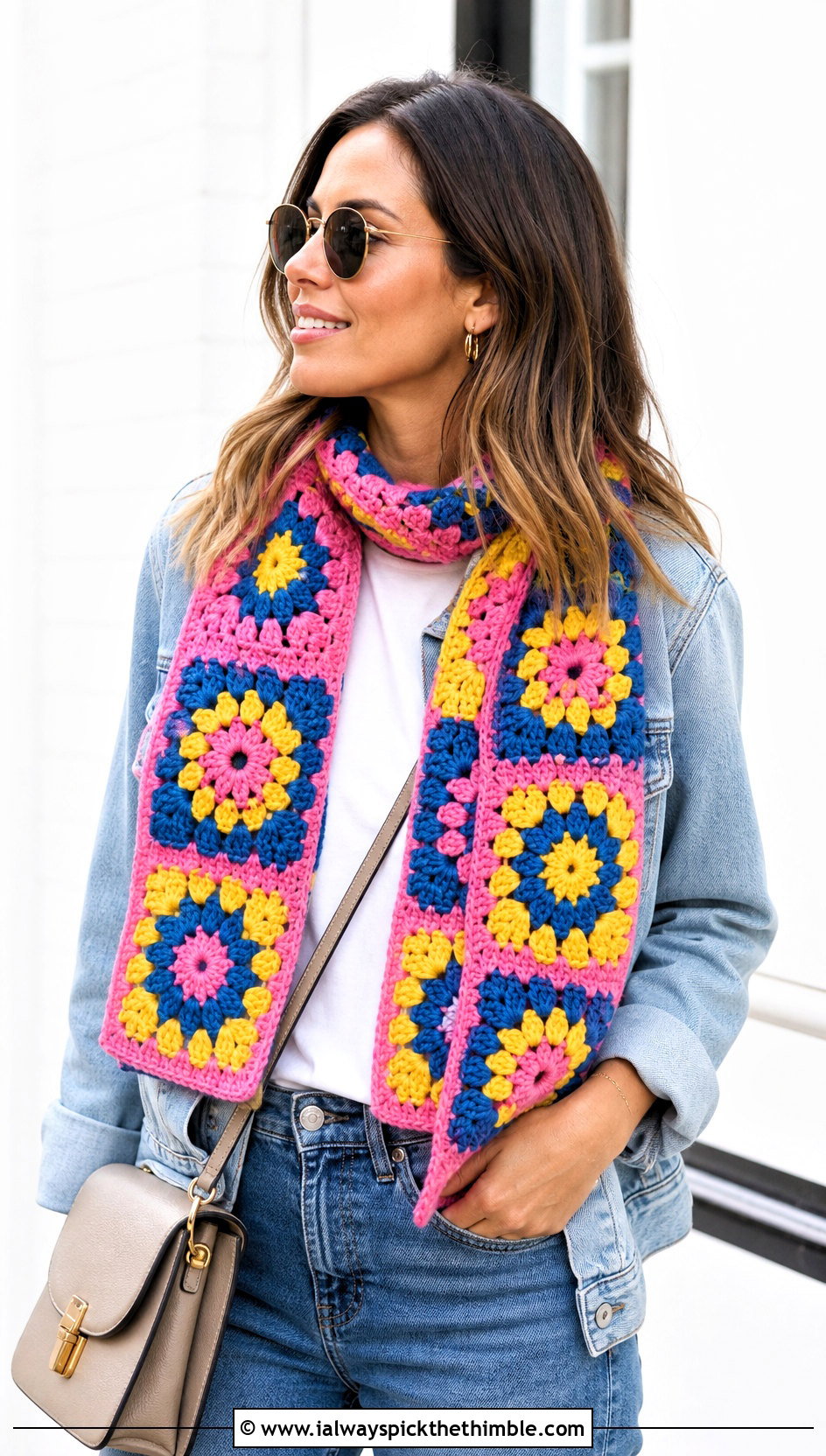Granny Square Crochet Scarf With Denim Jacket - 20 crochet scarf design ideas