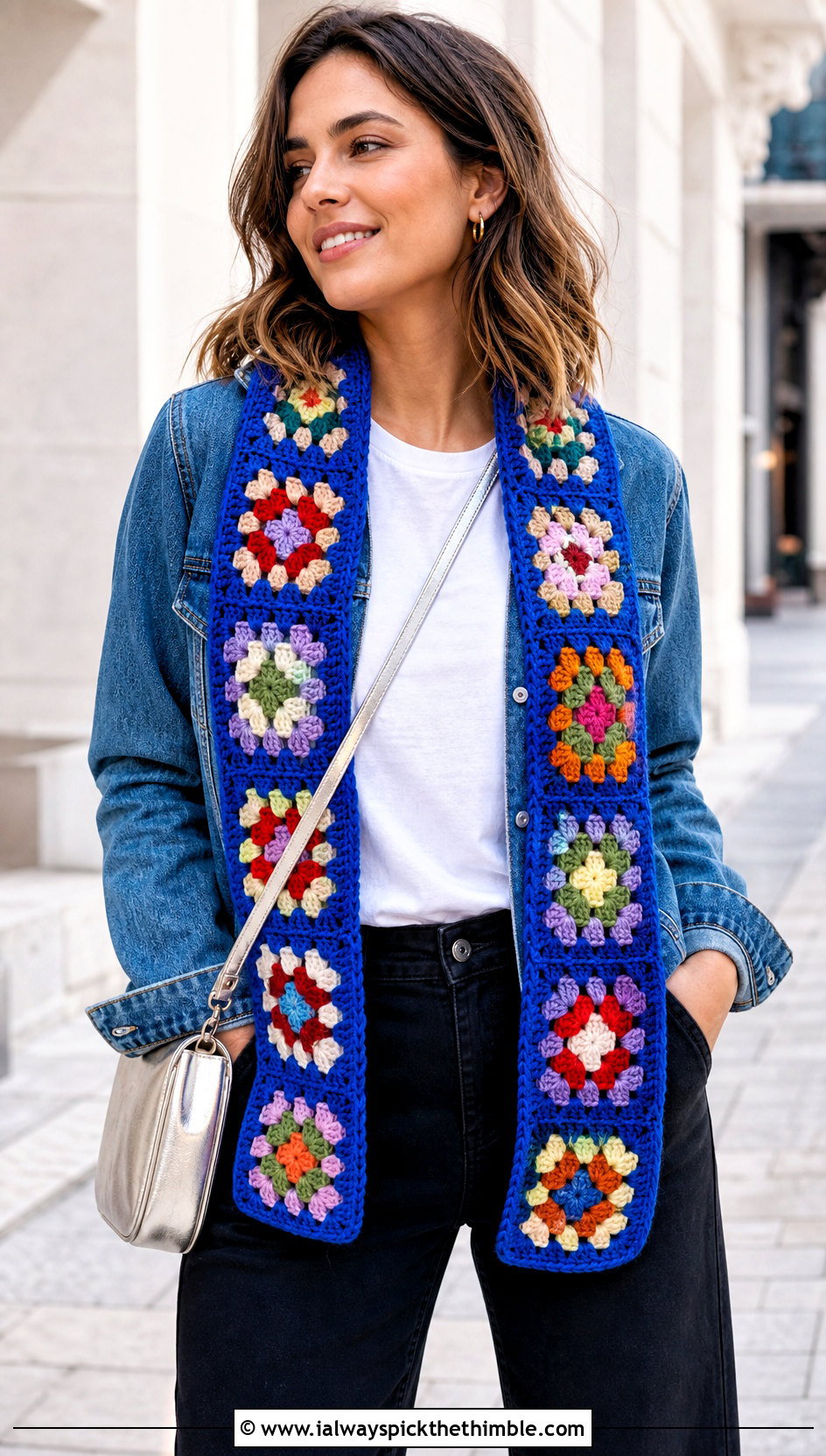 Granny Square Crochet Scarf With Denim Jacket - 20 Crochet Scarf For Beginners outfit ideas