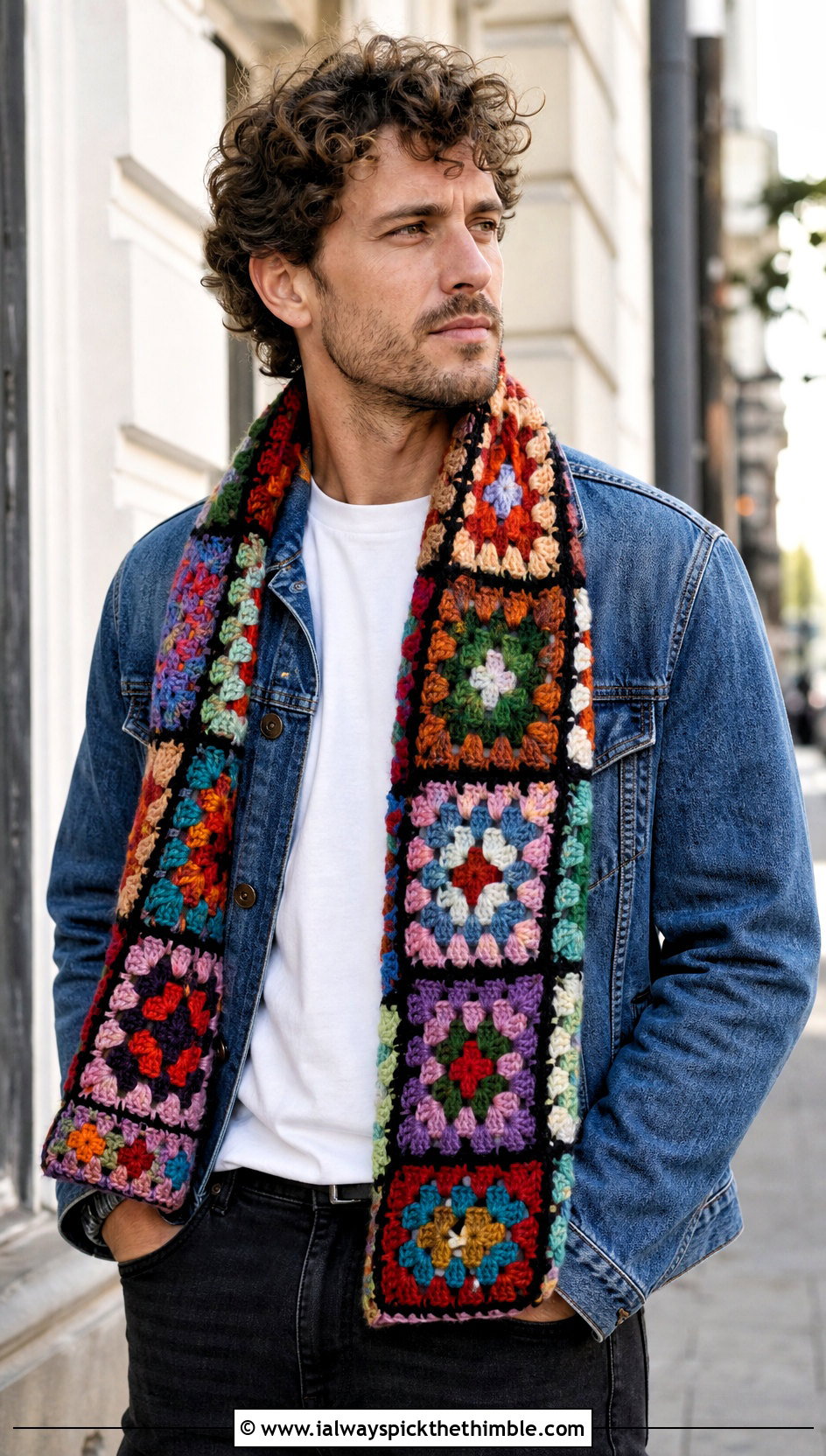 Granny Square Crochet Scarf With Denim Jacket - 20 crochet scarf ideas for men