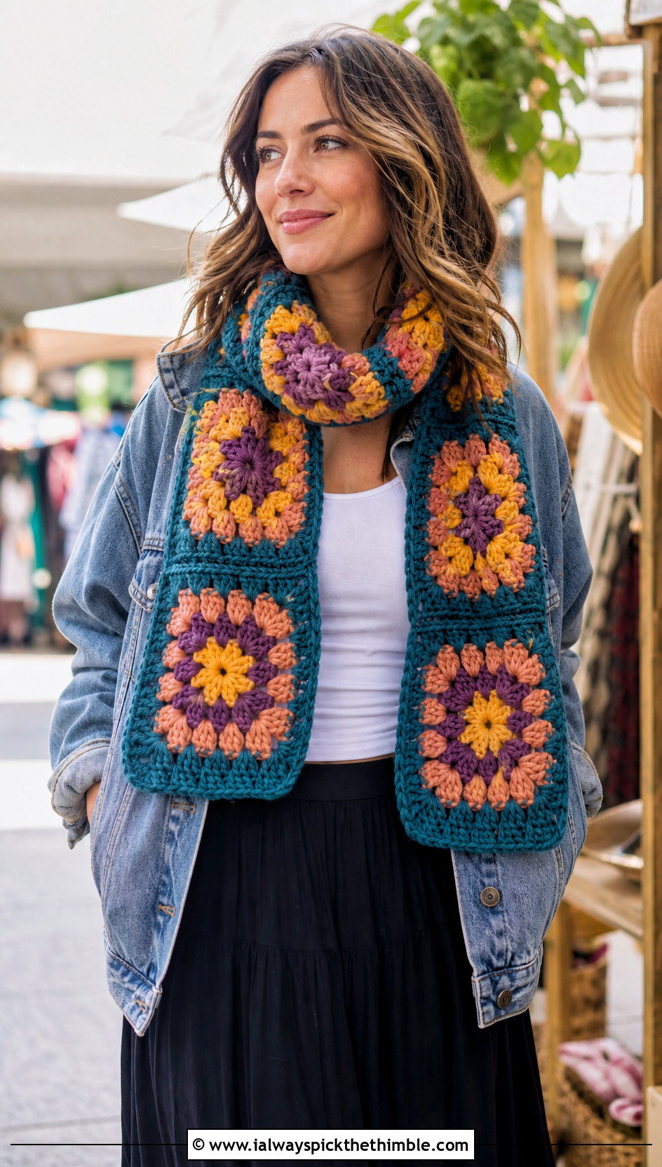 Granny Square Crochet Scarf With Denim Jacket - 20 Crochet Scarf Worsted Weight Yarn outfit ideas