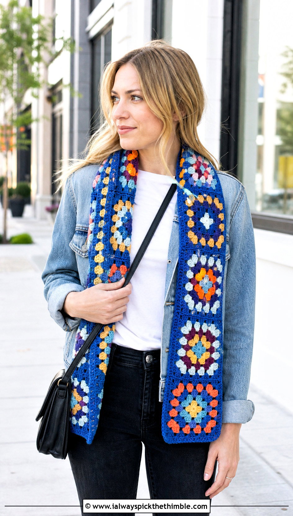 Granny Square Crochet Scarf With Denim Jacket - 20 easy crochet scarfs outfit ideas