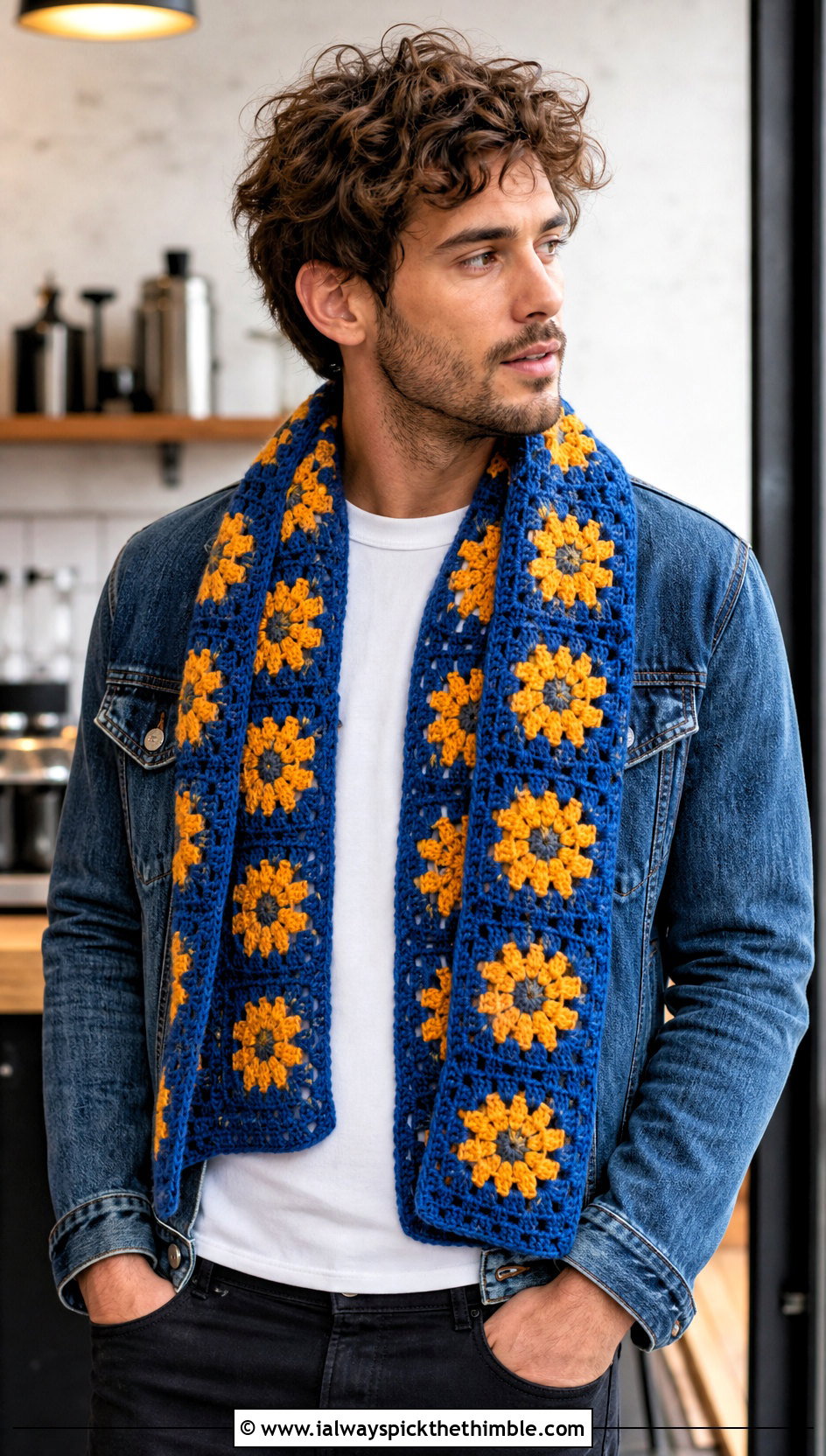 Granny Square Crochet Scarf With Denim Jacket - 20 male crochet scarf outfit ideas
