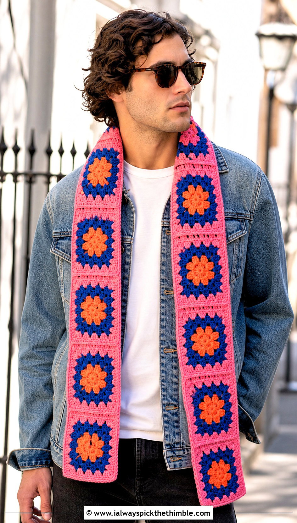Granny Square Crochet Scarf With Denim Jacket - 20 Mens Crochet Scarf outfit ideas