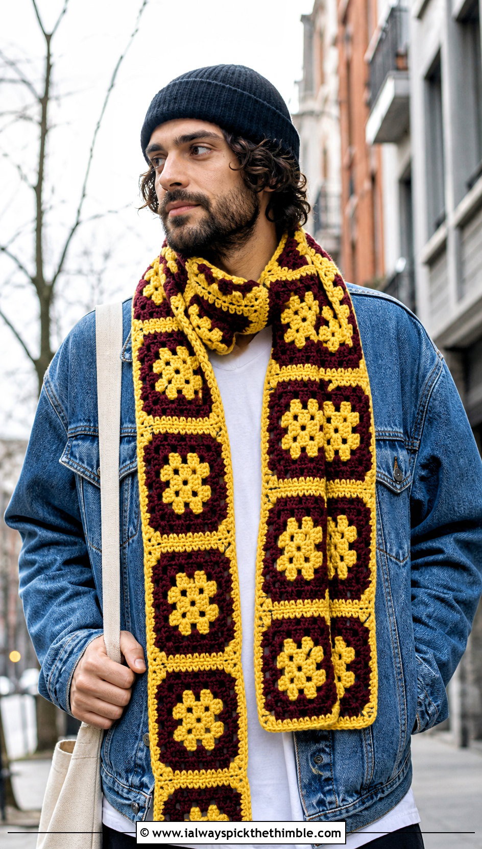 Granny Square Crochet Scarf With Denim Jacket - 20 Mens Winter Crochet Scarf outfit ideas