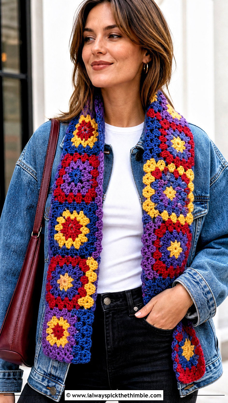 Granny Square Crochet Scarf With Denim Jacket - 20 multi colored crochet scarf outfit ideas