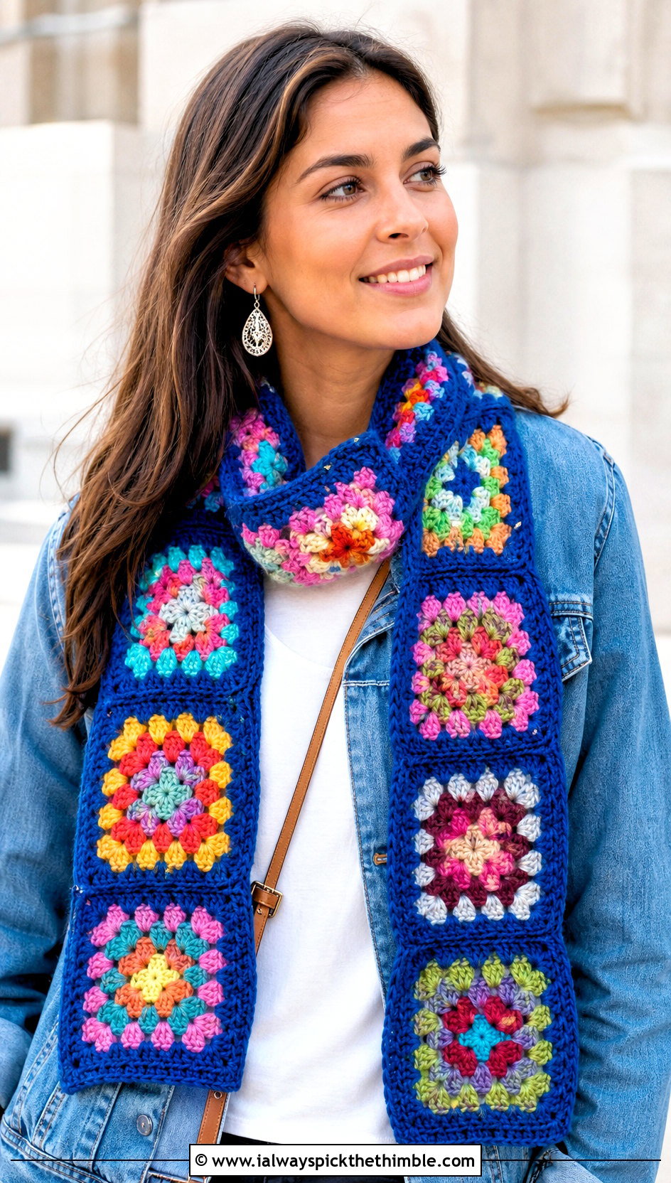 Granny Square Crochet Scarf With Denim Jacket - 15 Crochet Fancy Scarf outfit ideas