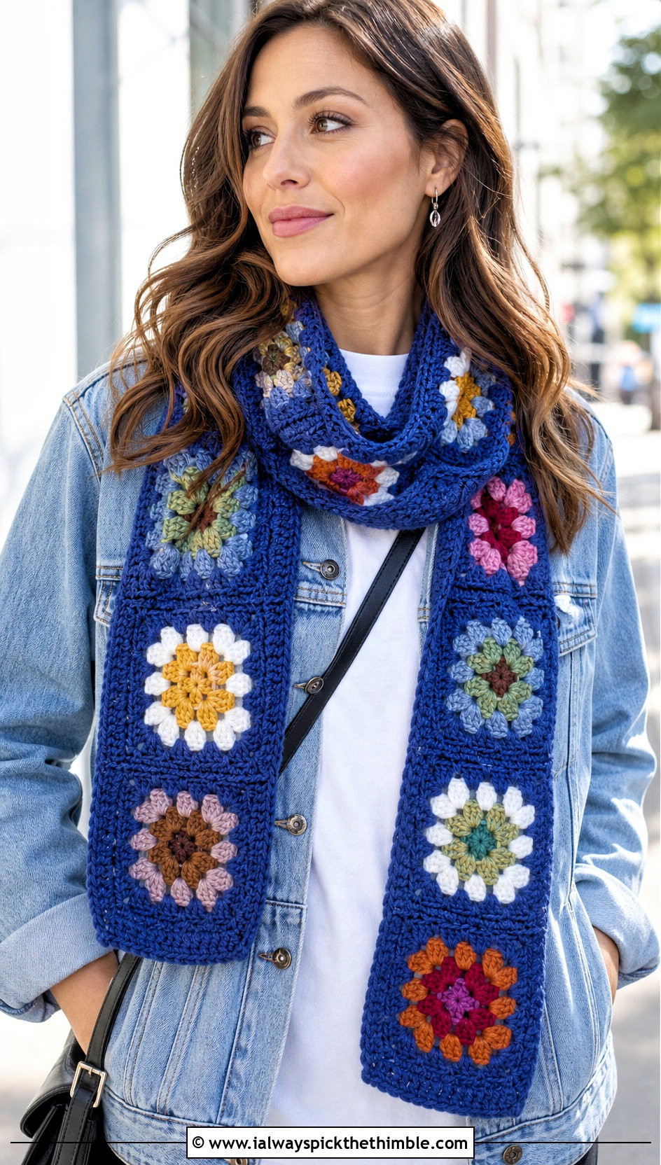 Granny Square Crochet Scarf With Denim Jacket - 20 Multifunctional Crochet Scarf outfit ideas
