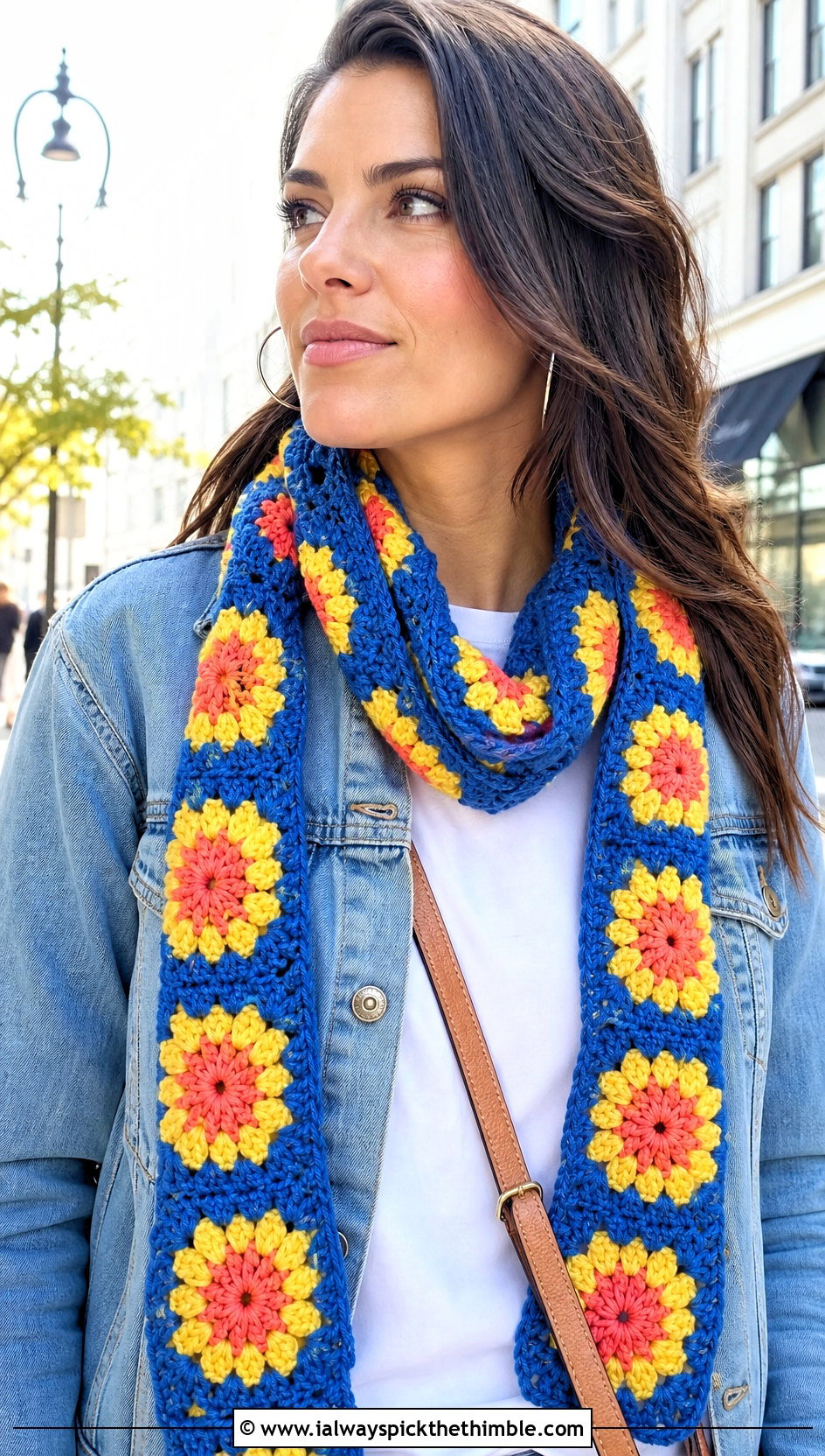 Granny Square Crochet Scarf With Denim Jacket - 20 pretty crochet scarf outfit ideas