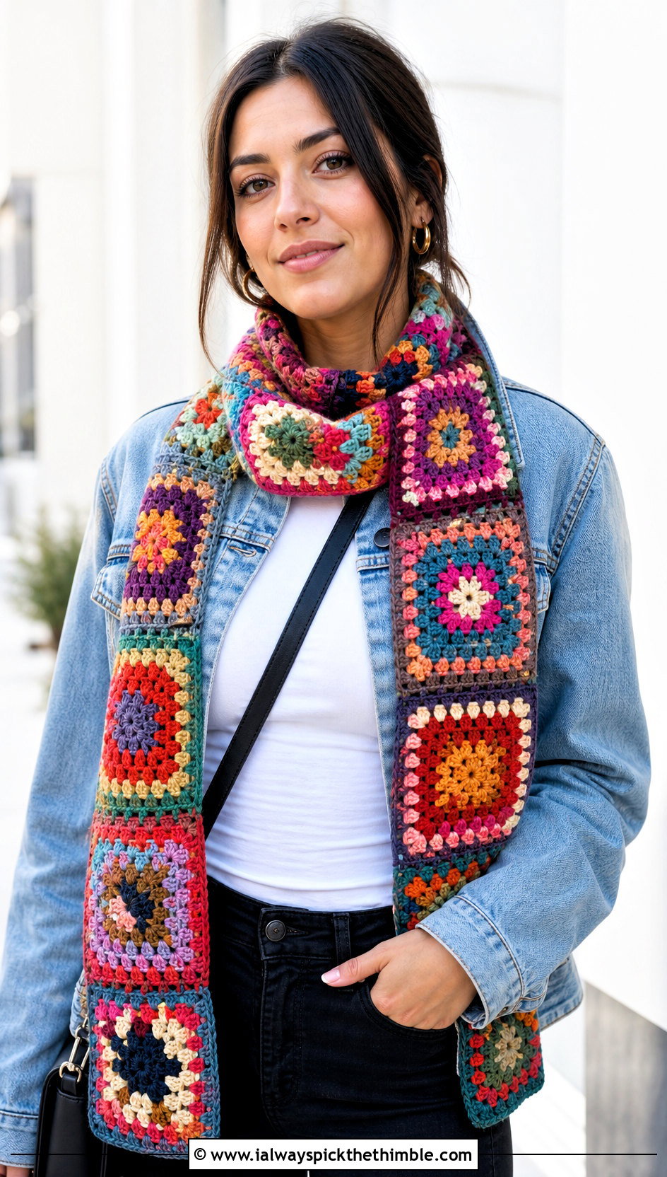 Granny Square Crochet Scarf With Denim Jacket - 20 Quick And Easy Crochet Scarf outfit ideas