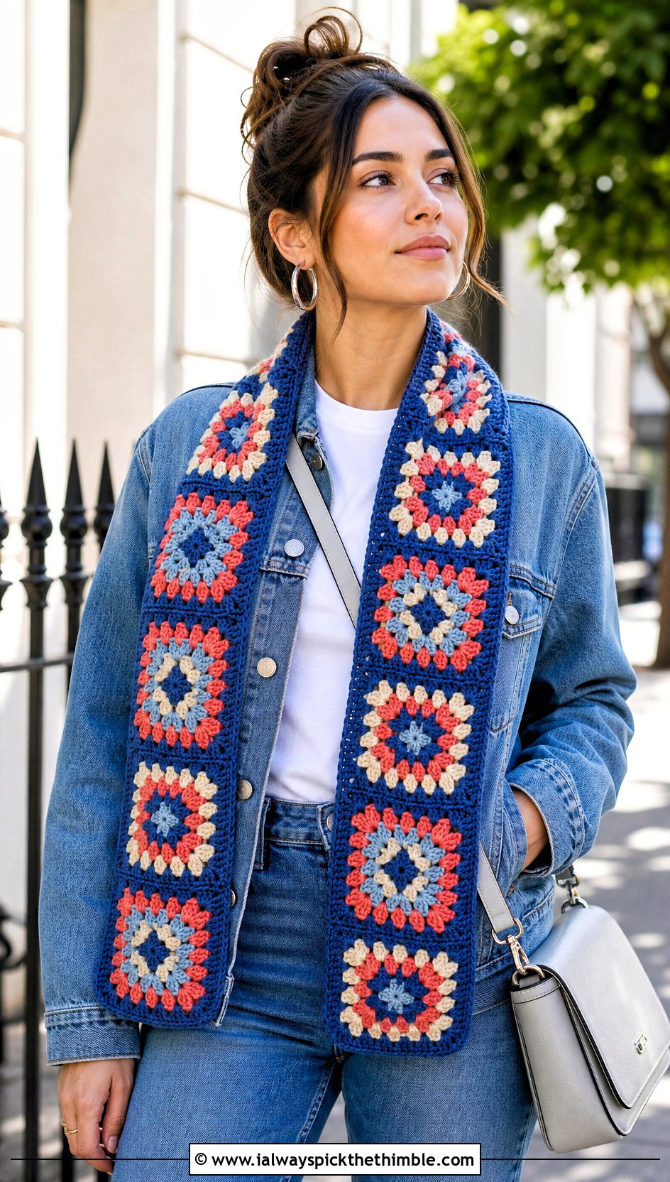 Granny Square Crochet Scarf With Denim Jacket - 20 super crochet scarf outfit ideas