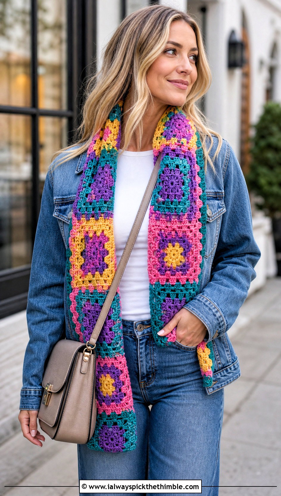 Granny Square Crochet Scarf With Denim Jacket - 20 unique crochet scarf outfit ideas