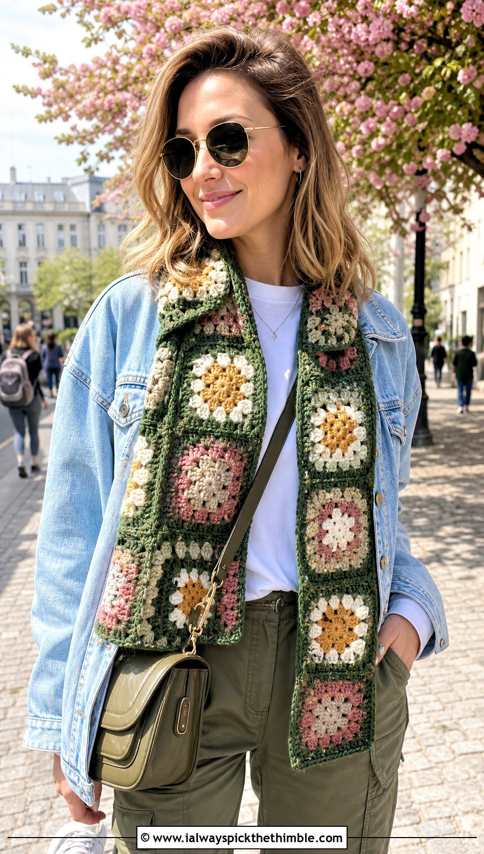 Granny Square Crochet Scarf With Denim Jacket - 20 wanderlust crochet scarf outfit ideas