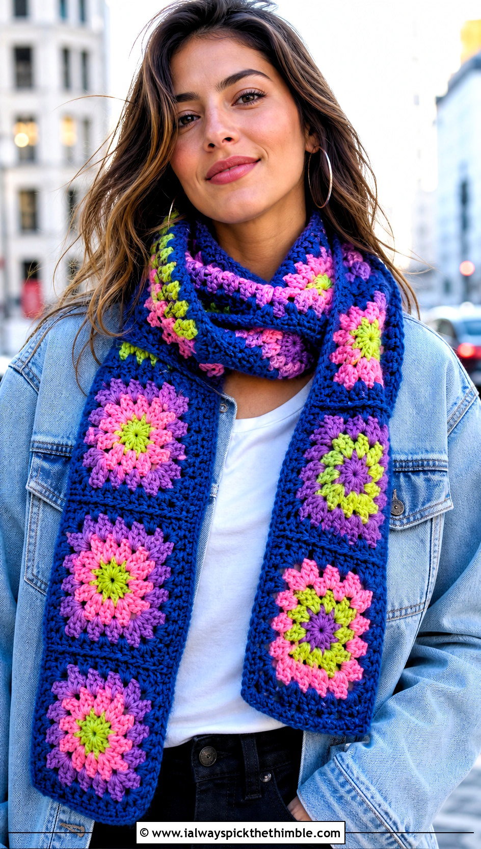 Granny Square Crochet Scarf With Denim Jacket - 25 crochet scarf outfit ideas