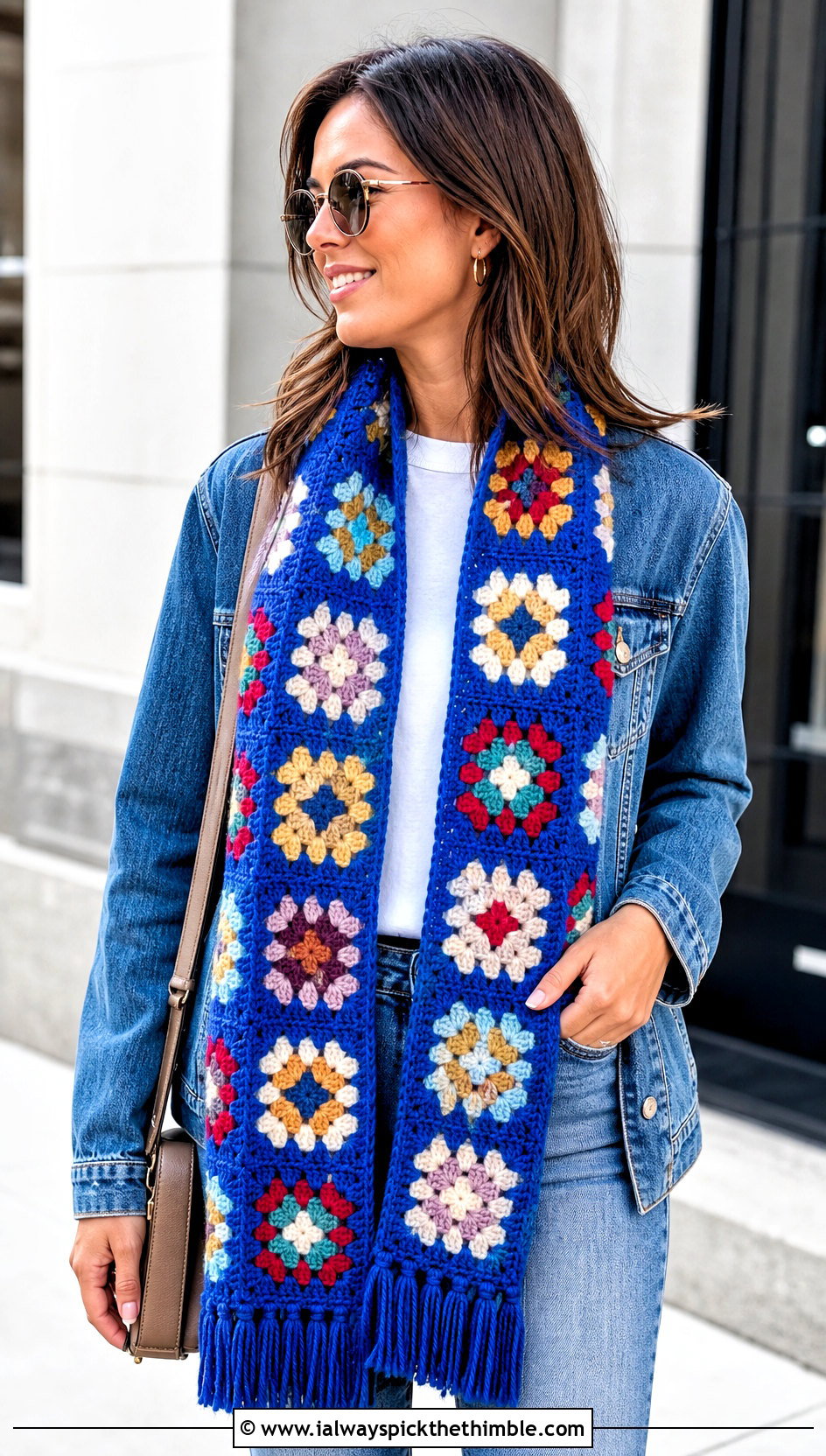 Granny Square Crochet Scarf With Denim Jacket - 25 crochet scarves outfit ideas