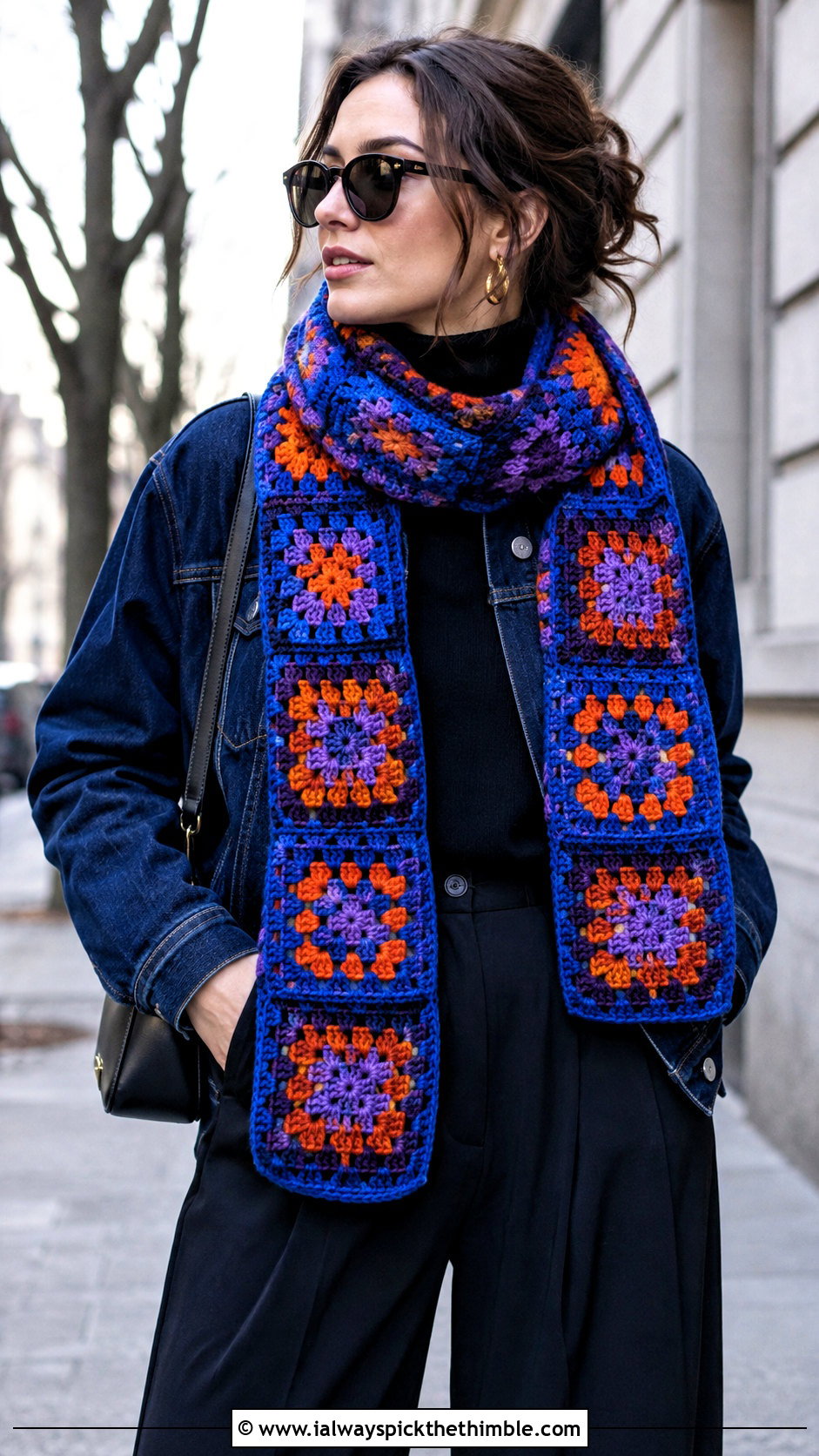 Granny Square Crochet Scarf With Denim Jacket - 25 crochet winter scarf outfit ideas