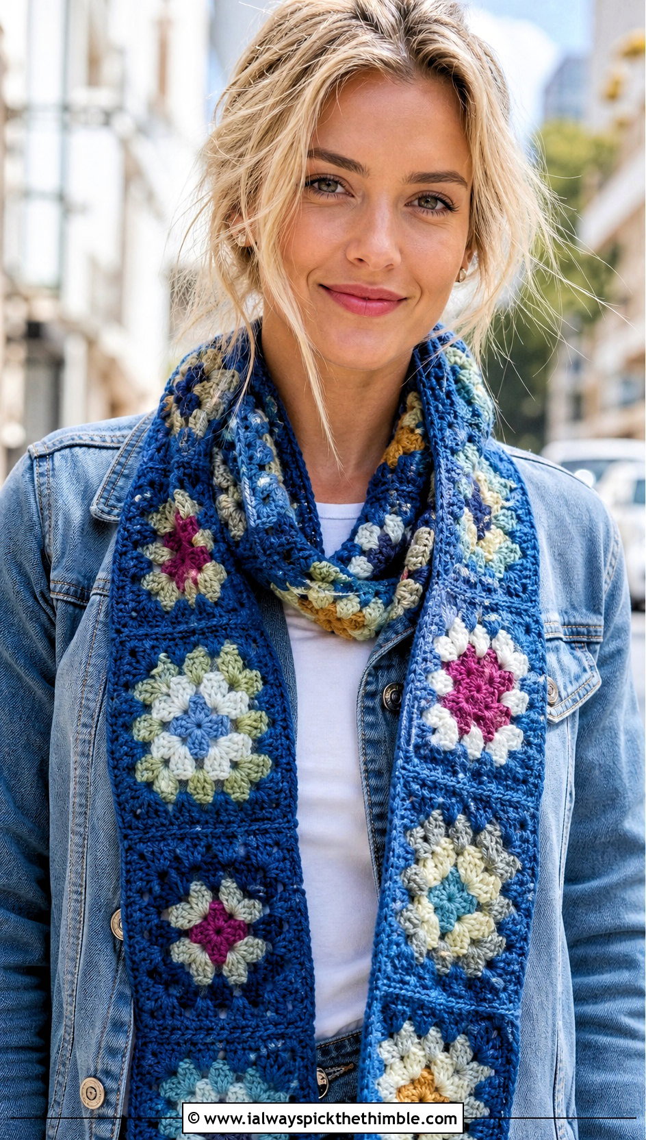 Granny Square Crochet Scarf With Denim Jacket - 25 crocheted scarf outfit ideas