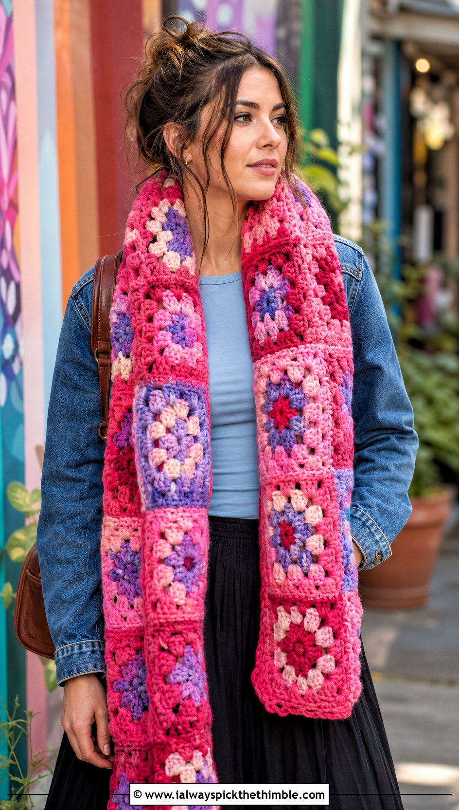 Granny Square Crochet Scarf With Denim Jacket - 15 Super Bulky Crochet Scarf outfit ideas