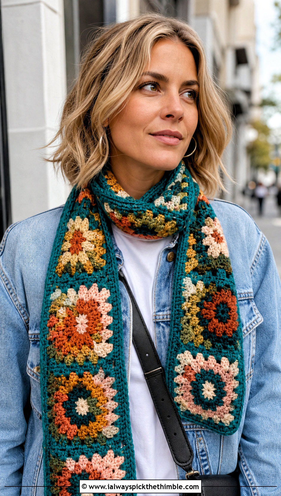 Granny Square Crochet Scarf With Denim Jacket - 25 cute crochet scarf outfit ideas