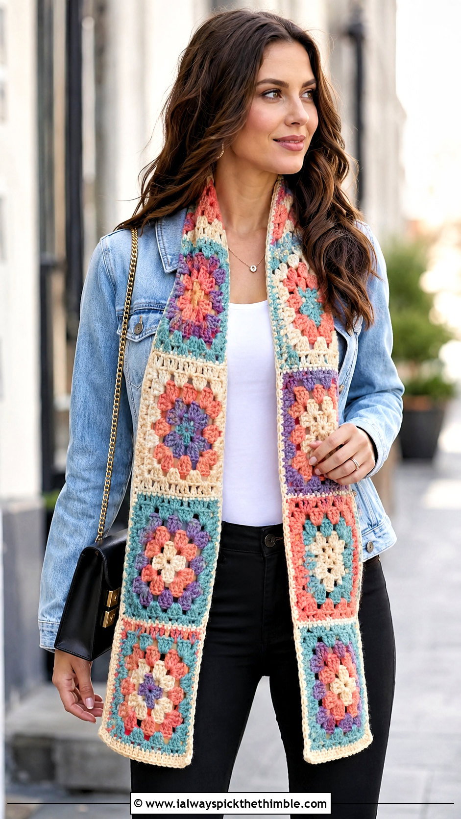 Granny Square Crochet Scarf With Denim Jacket - 25 easy crochet scarf for beginners outfit ideas