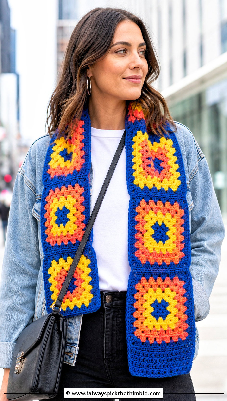 Granny Square Crochet Scarf With Denim Jacket - 25 easy crochet scarf outfit ideas