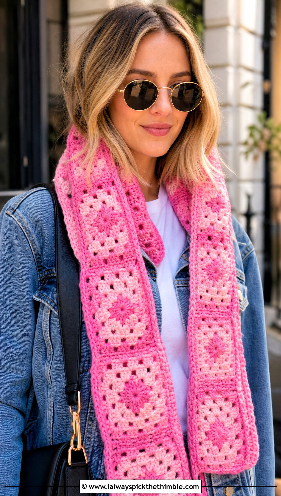 Granny Square Crochet Scarf With Denim Jacket - 25 easy one skein crochet scarf outfit ideas