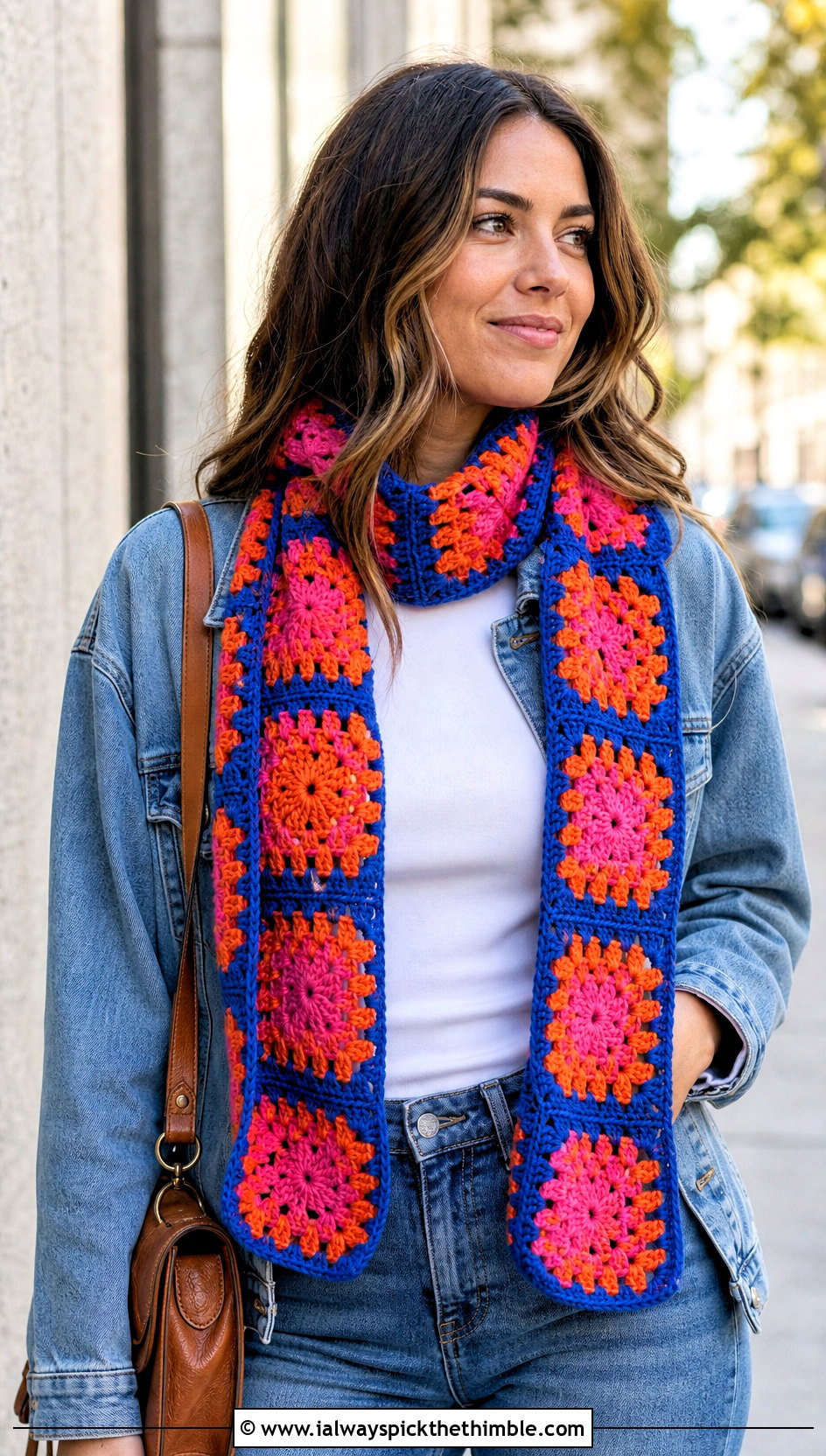 Granny Square Crochet Scarf With Denim Jacket - 25 fun crochet scarf outfit ideas