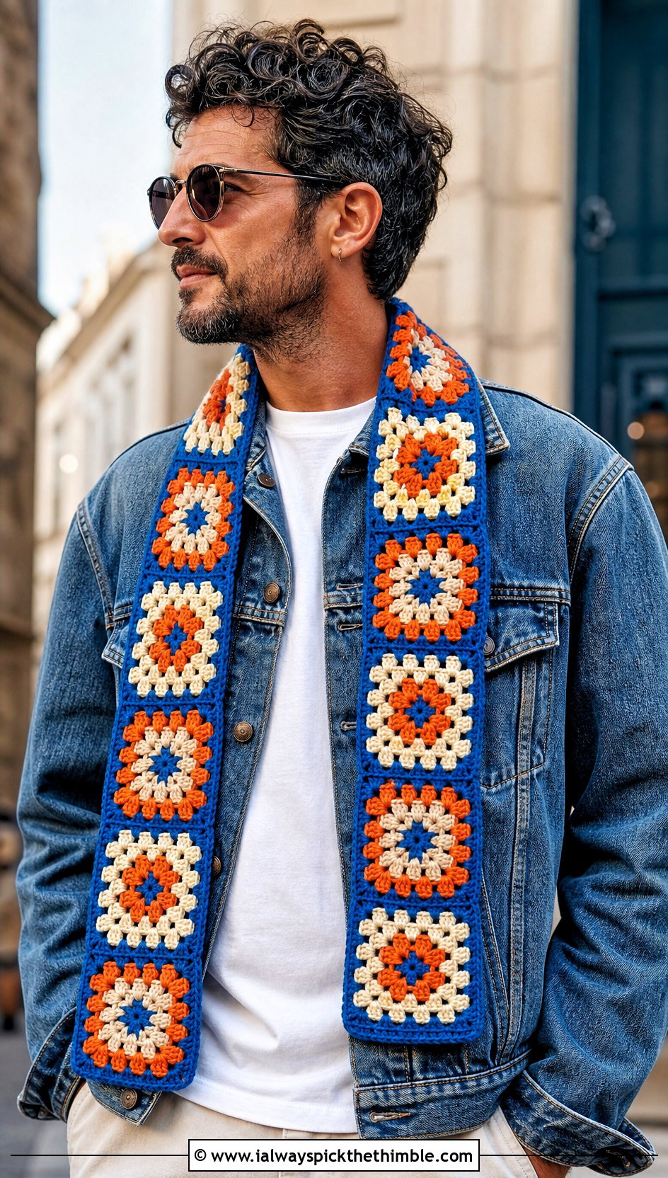 Granny Square Crochet Scarf With Denim Jacket - 25 men crochet scarf outfit ideas