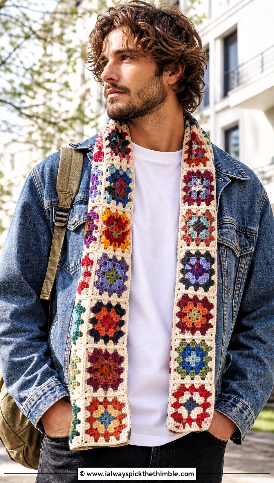 Granny Square Crochet Scarf With Denim Jacket - 25 men's crochet scarf outfit ideas