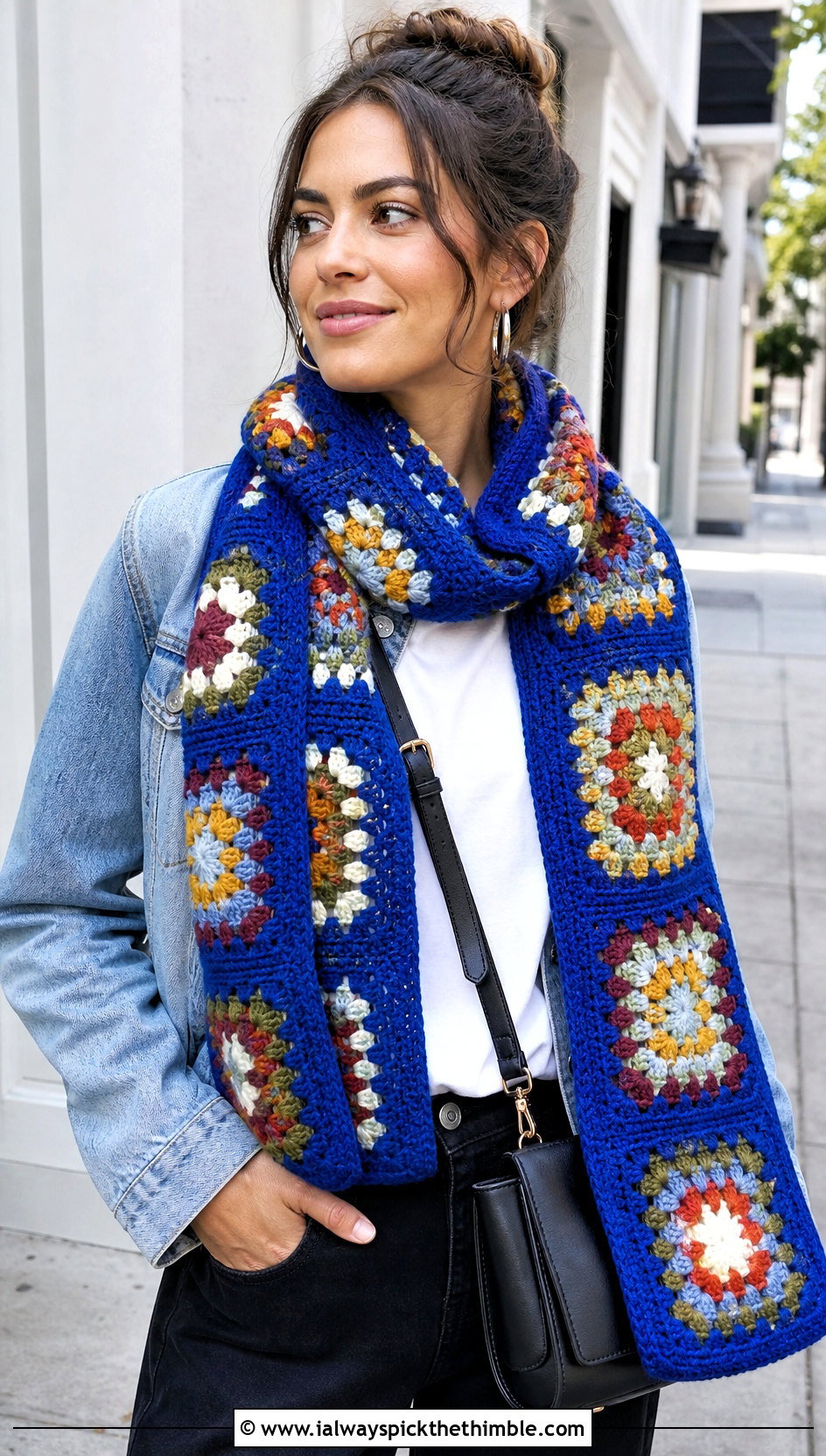 Granny Square Crochet Scarf With Denim Jacket - 25 quick crochet scarf outfit ideas