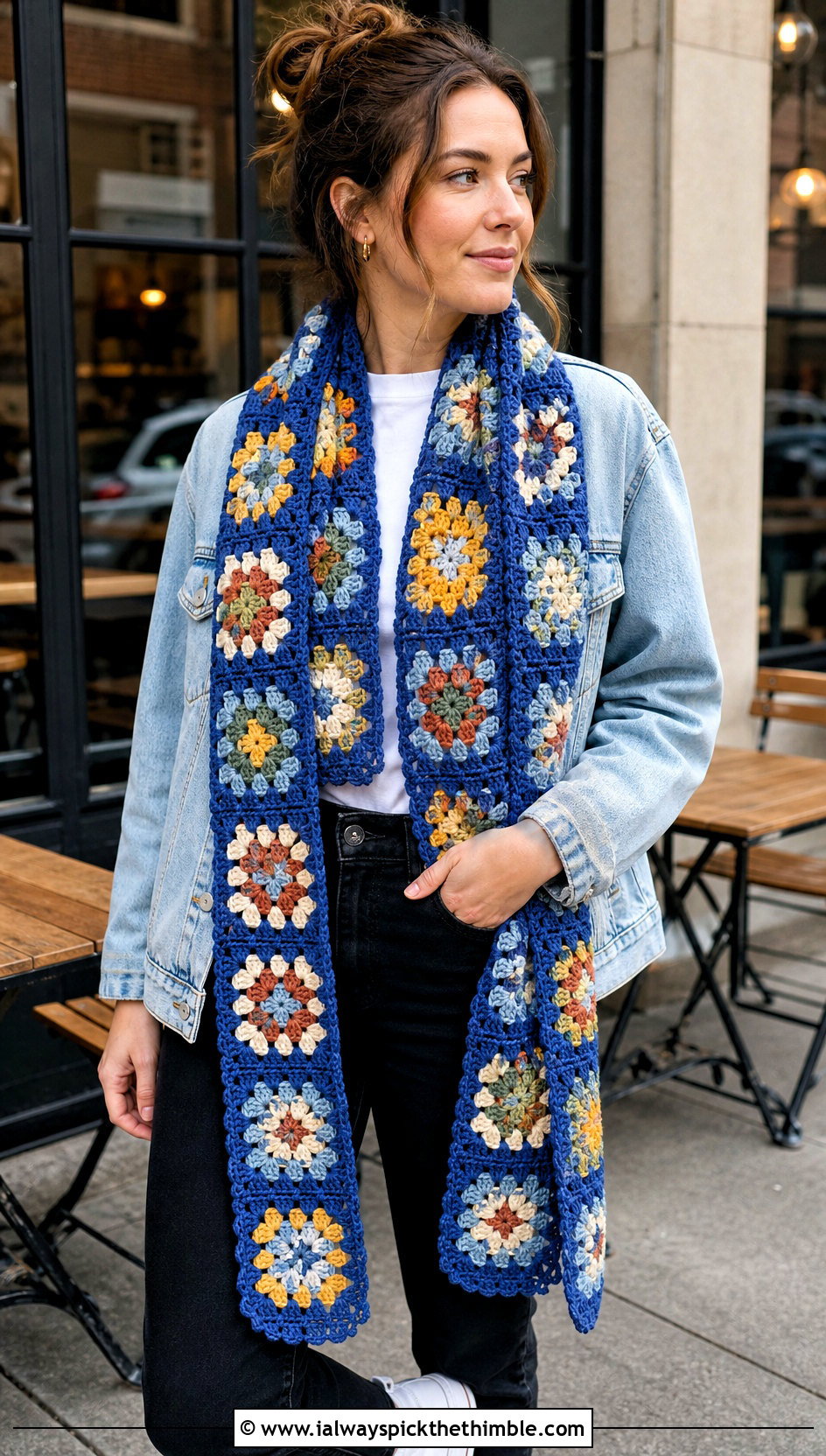 Granny Square Crochet Scarf With Denim Jacket - 25 simple crochet scarf outfit ideas