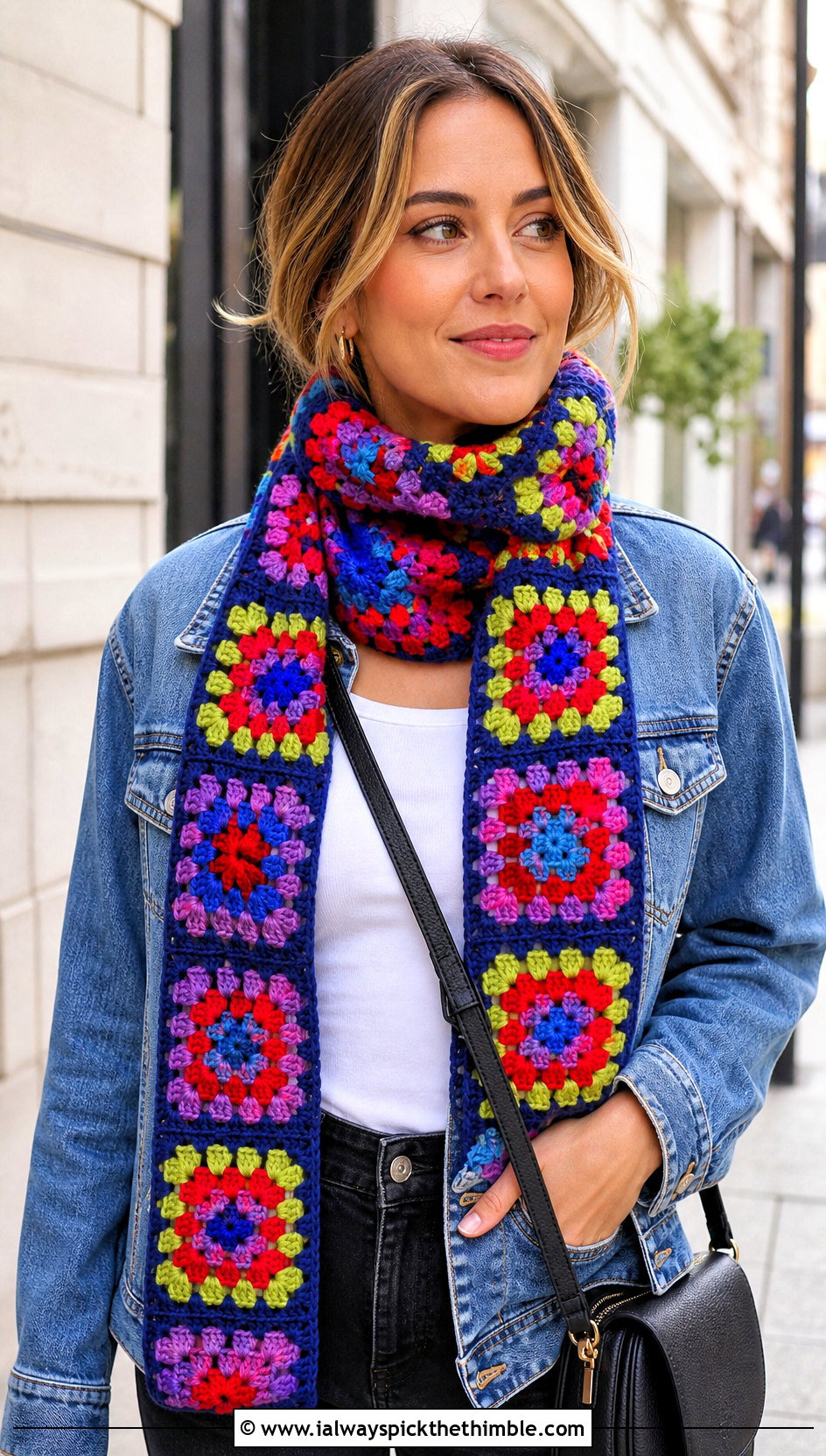 Granny Square Crochet Scarf With Denim Jacket - 15 Textured Crochet Scarf Design outfit ideas