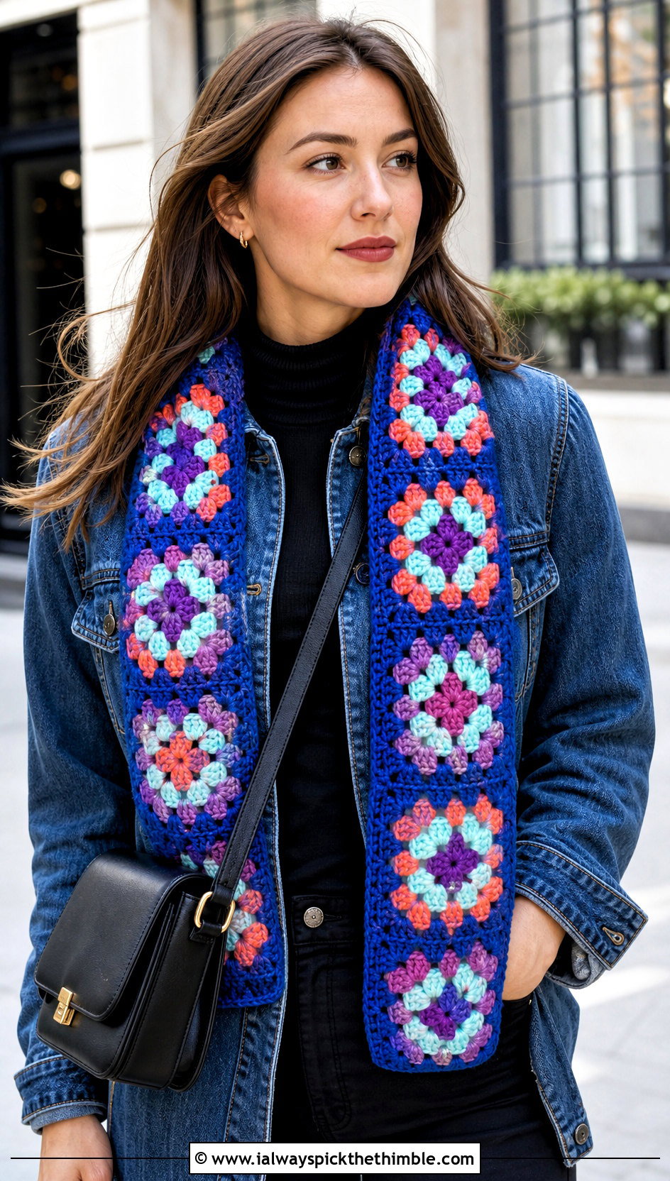 Granny Square Crochet Scarf With Denim Jacket - 25 Winter Crochet Scarfs For Women outfit ideas