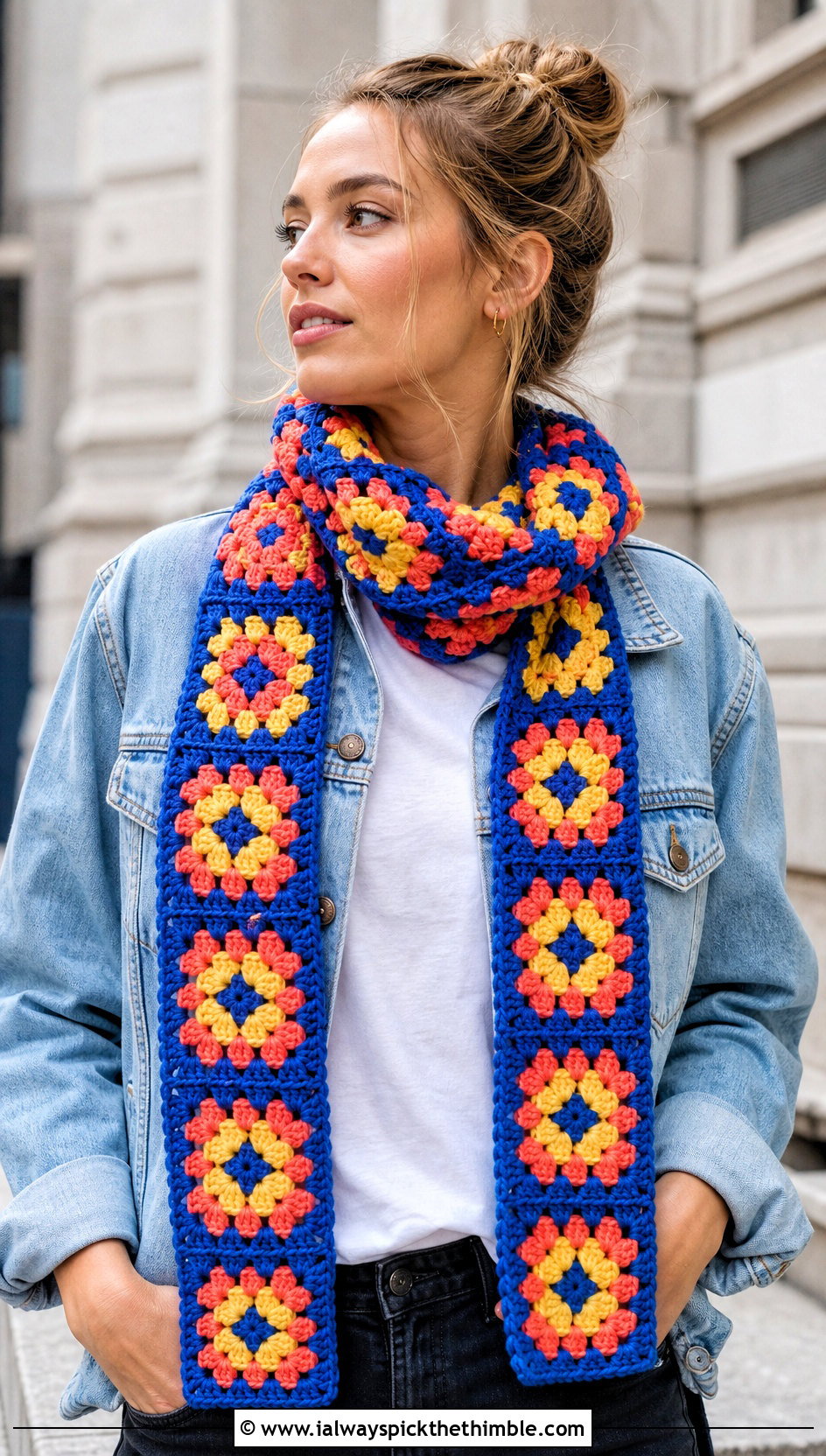Granny Square Crochet Scarf With Denim Jacket - 15 Vibrant Crochet Scarf outfit ideas
