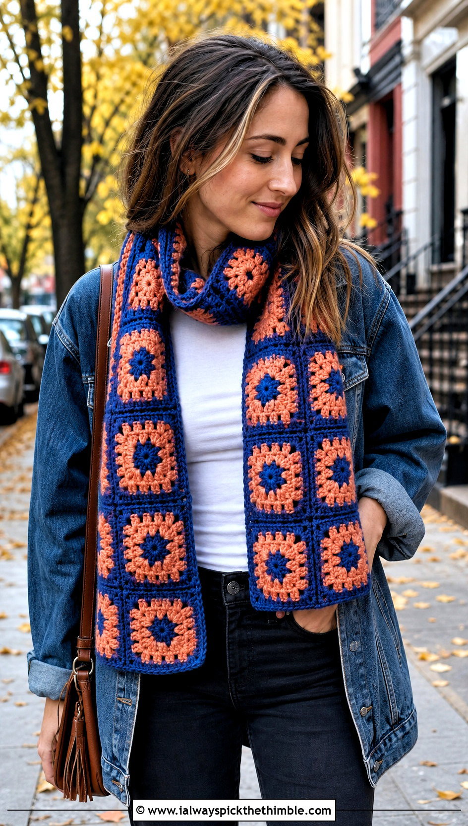 Granny Square Crochet Scarf With Denim Jacket - 20 autumn crochet scarf outfit ideas